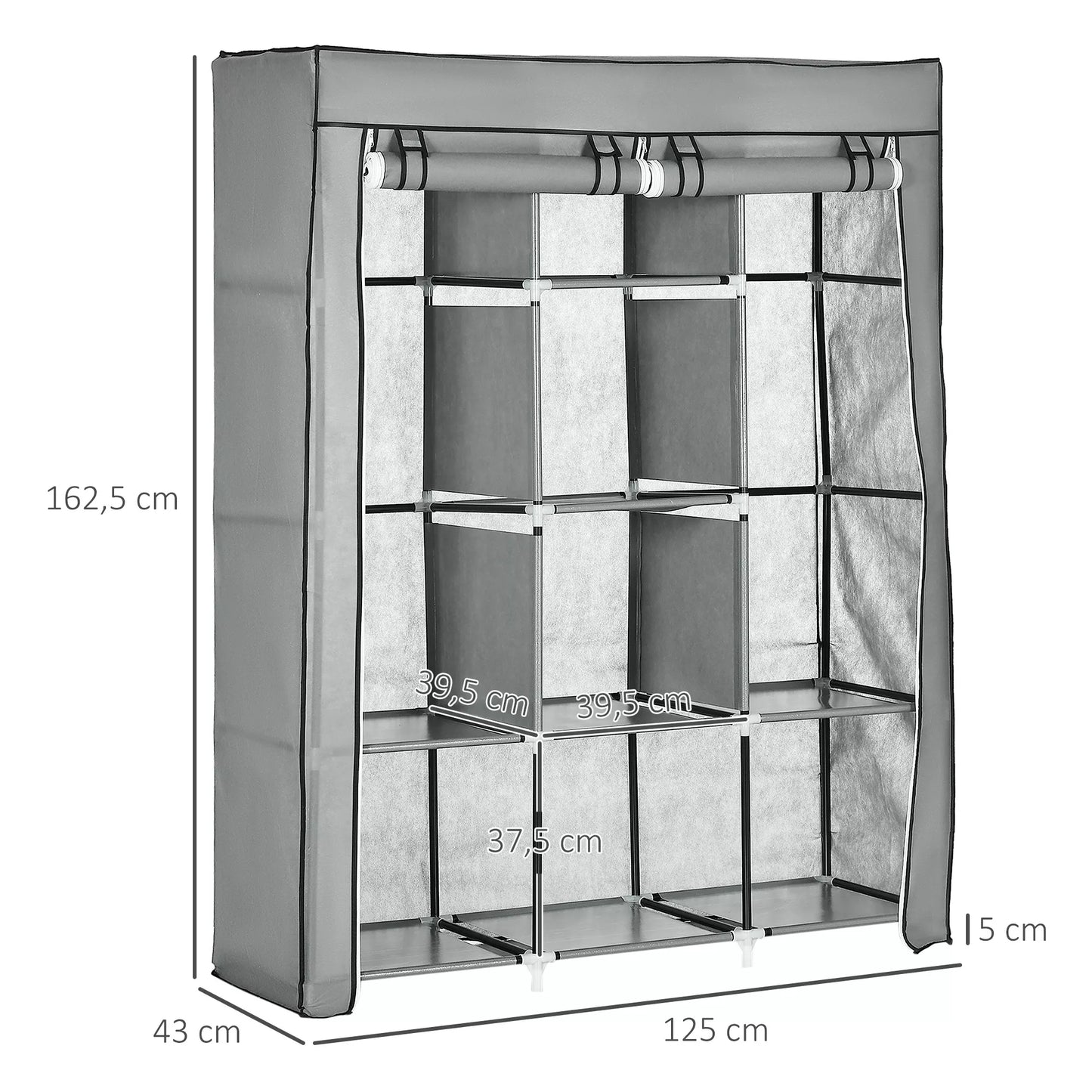 Audinio spinta, laikymo sprendimas, 8 lentynos, 2 drabužių pakabos, pilka