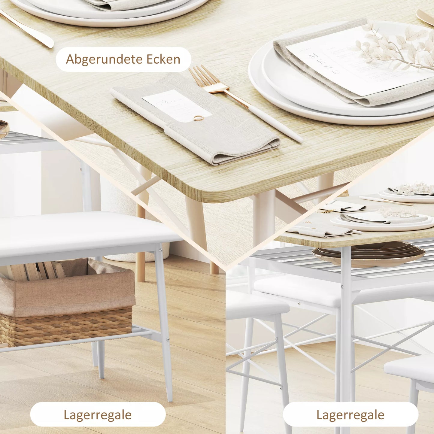 4 dalių valgomojo stalo komplektas su kėdėmis ir suoliuku 4 asmenims, paminkštintos sėdynės, plieninis rėmas, mediena, ąžuolas