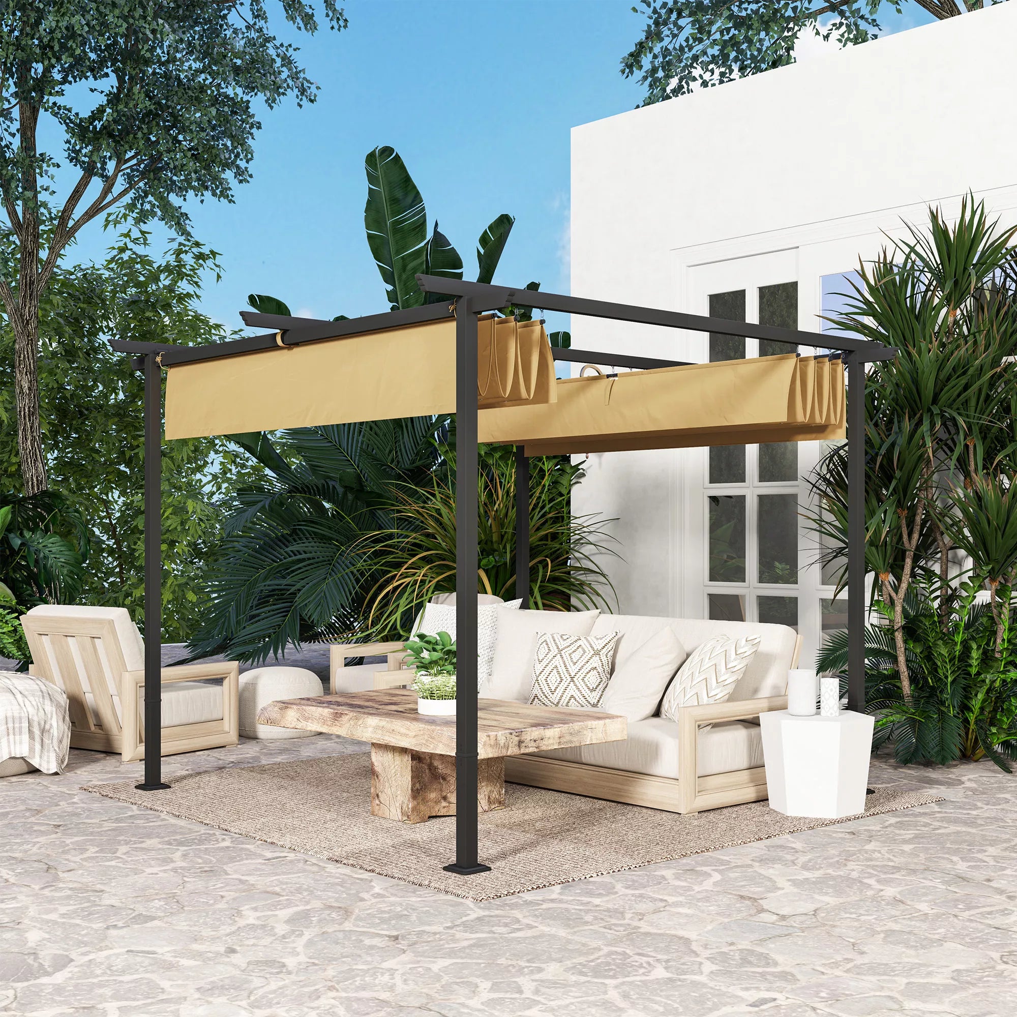 3 x 3 m sodo pergola su reguliuojamu stogu, metaliniu rėmu, UPF30+ apsauga, saulės stogu verandoje, terasoje, smėlio spalvos