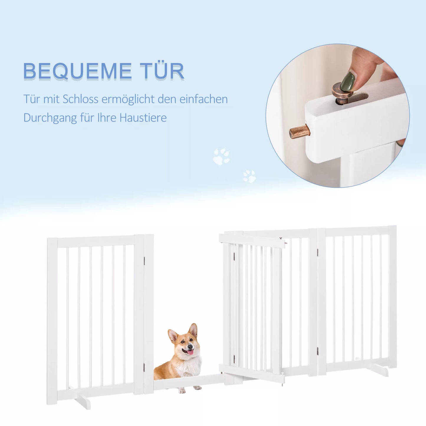 Apsauginiai varteliai šuniui, 4 dalių, 220 x 91 cm, sulankstomi, apsauginiai varteliai su durelėmis, laisvai pastatomi šunų varteliai su 2 atraminėmis kojelėmis, mediniai laiptų varteliai koridoriui, virtuvei, laiptams, balti