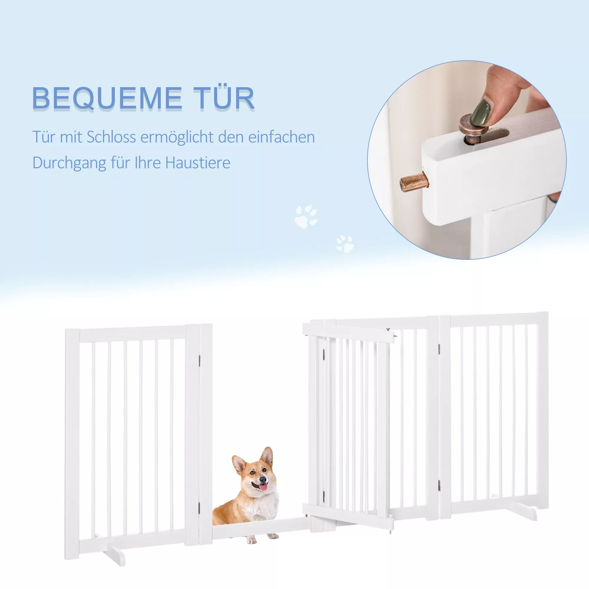 Apsauginiai varteliai šuniui, 4 dalių, 220 x 91 cm, sulankstomi, apsauginiai varteliai su durelėmis, laisvai pastatomi šunų varteliai su 2 atraminėmis kojelėmis, mediniai laiptų varteliai koridoriui, virtuvei, laiptams, balti