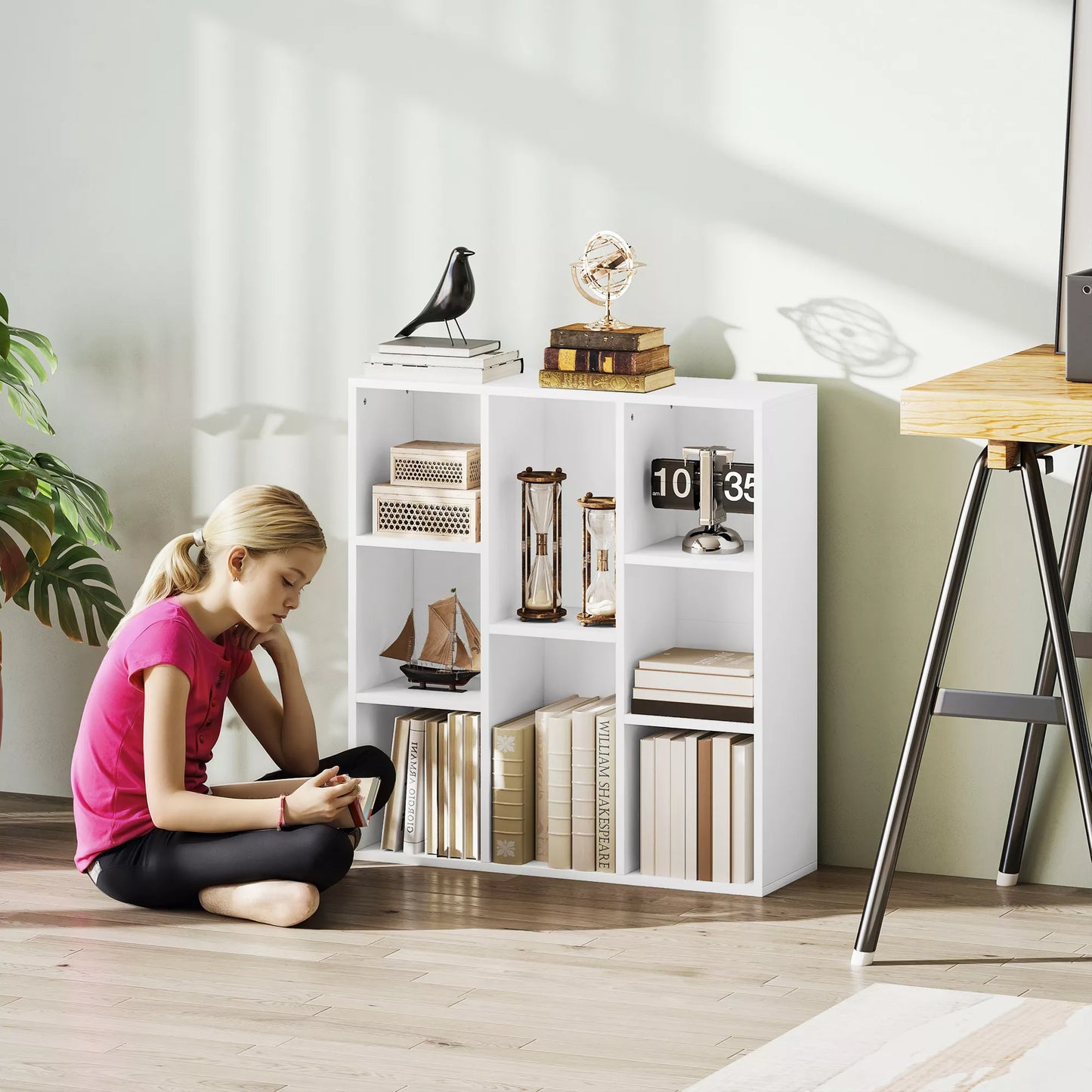 3 pakopų knygų lentyna, 8 skyrių, medžio drožlių plokštė, laikymo lentyna, balta