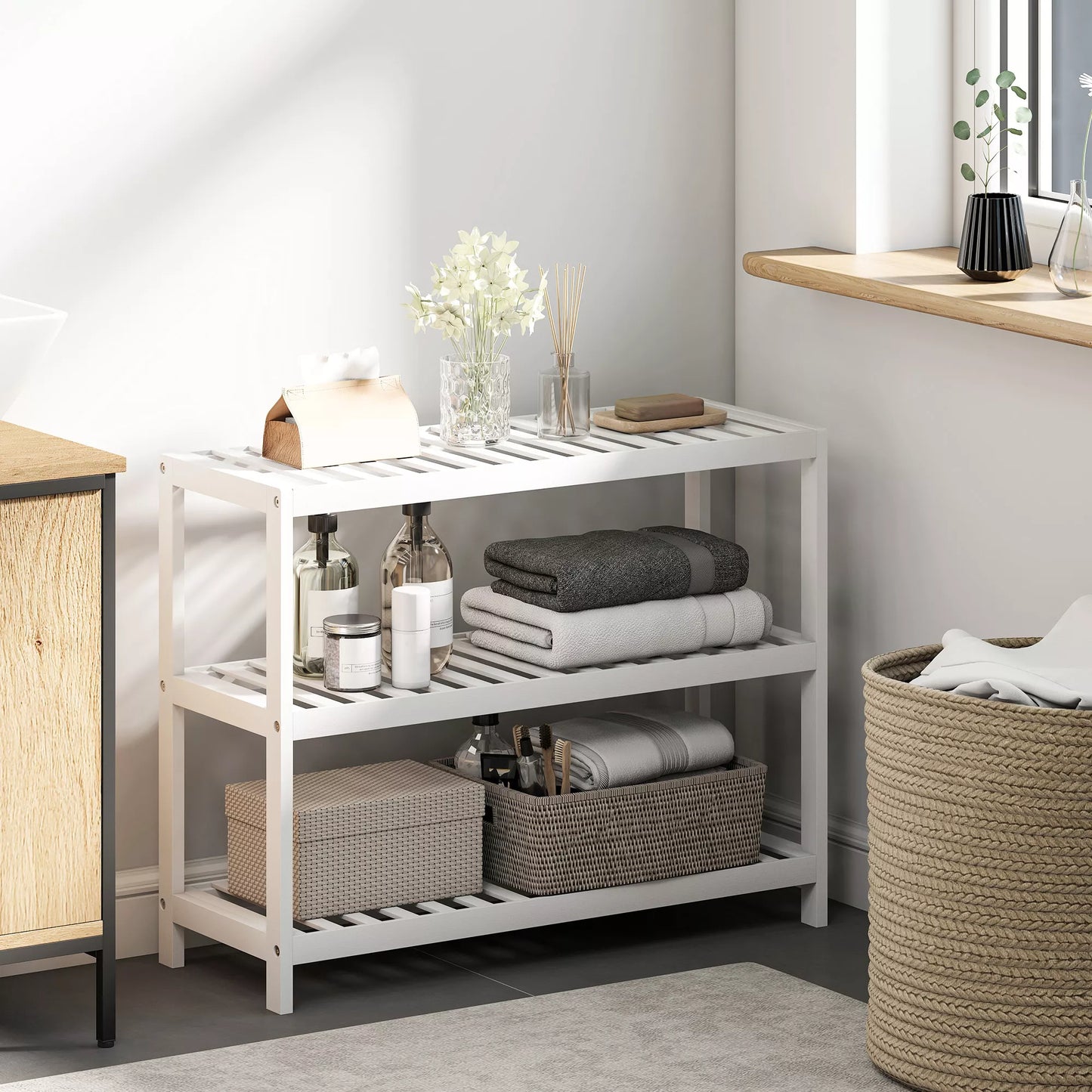 3 pakopų bambuko lentynos, batų lentynos, laikymo lentynos, lakuotas paviršius, baltos spalvos