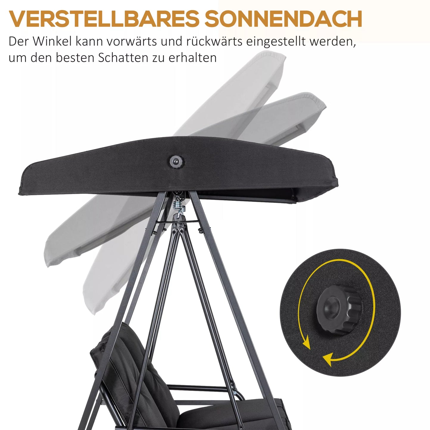 Holivudo sūpynės, 2 vietos sodo sūpynės su reguliuojamu stogu, atlaiko iki 220 kg svorį, 145 x 116 x 172 cm, juodos spalvos