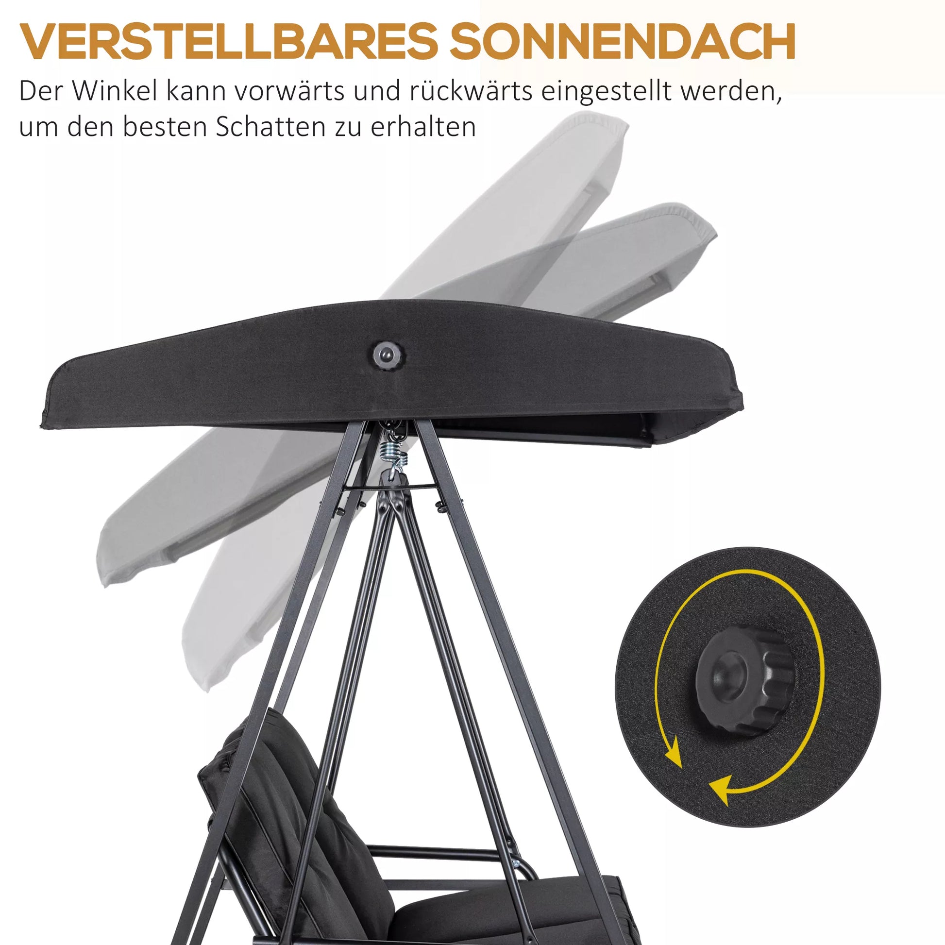 Holivudo sūpynės, 2 vietos sodo sūpynės su reguliuojamu stogu, atlaiko iki 220 kg svorį, 145 x 116 x 172 cm, juodos spalvos
