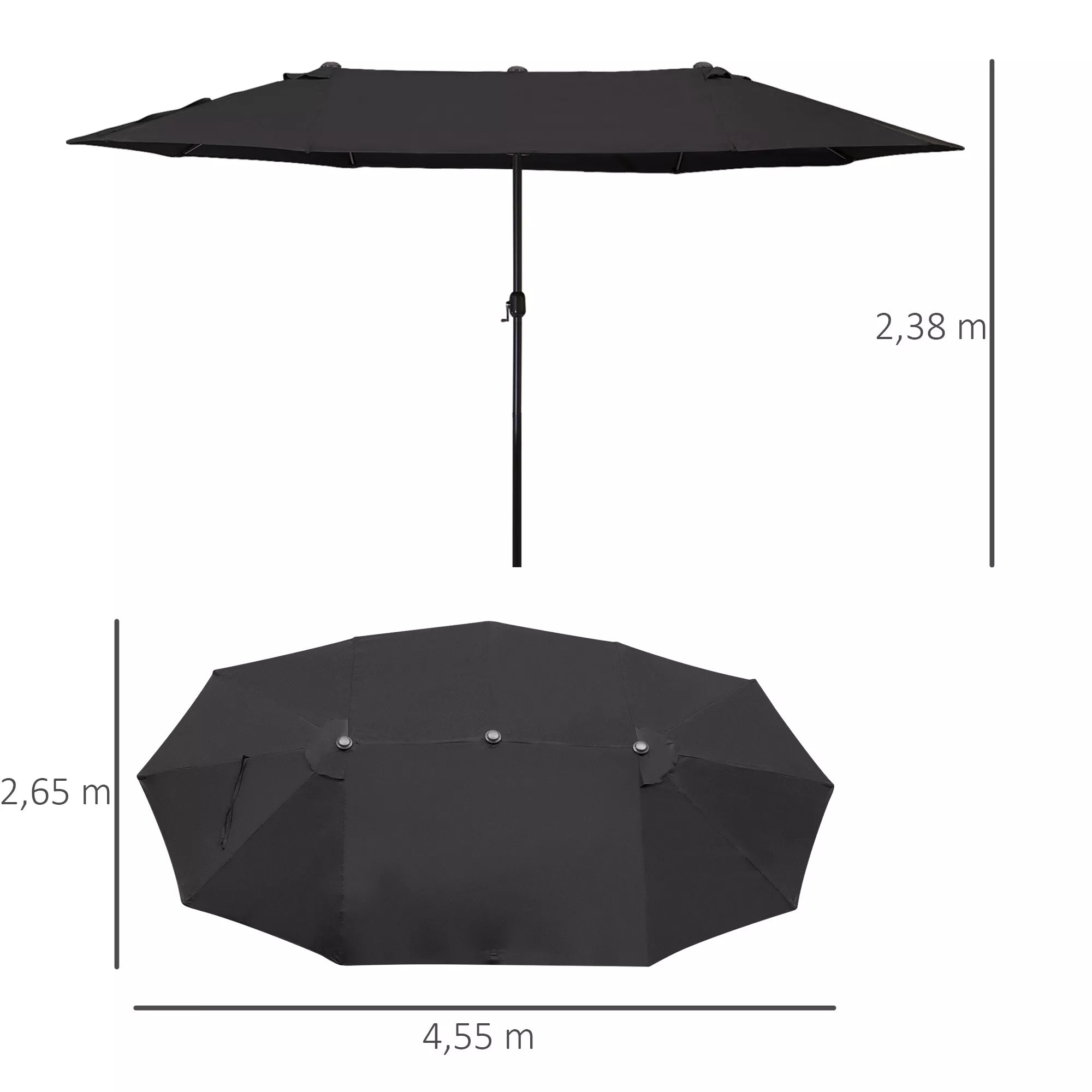 Dvigubas skėtis nuo saulės 455 x 270 cm Sodo skėtis su rankine ovalios formos tvirta metaline strypu Turgaus skėtis Dvigubas skėtis nuo saulės Terasos skėtis Apsauga nuo saulės paplūdimyje, balkone, terasoje, sode Juodas