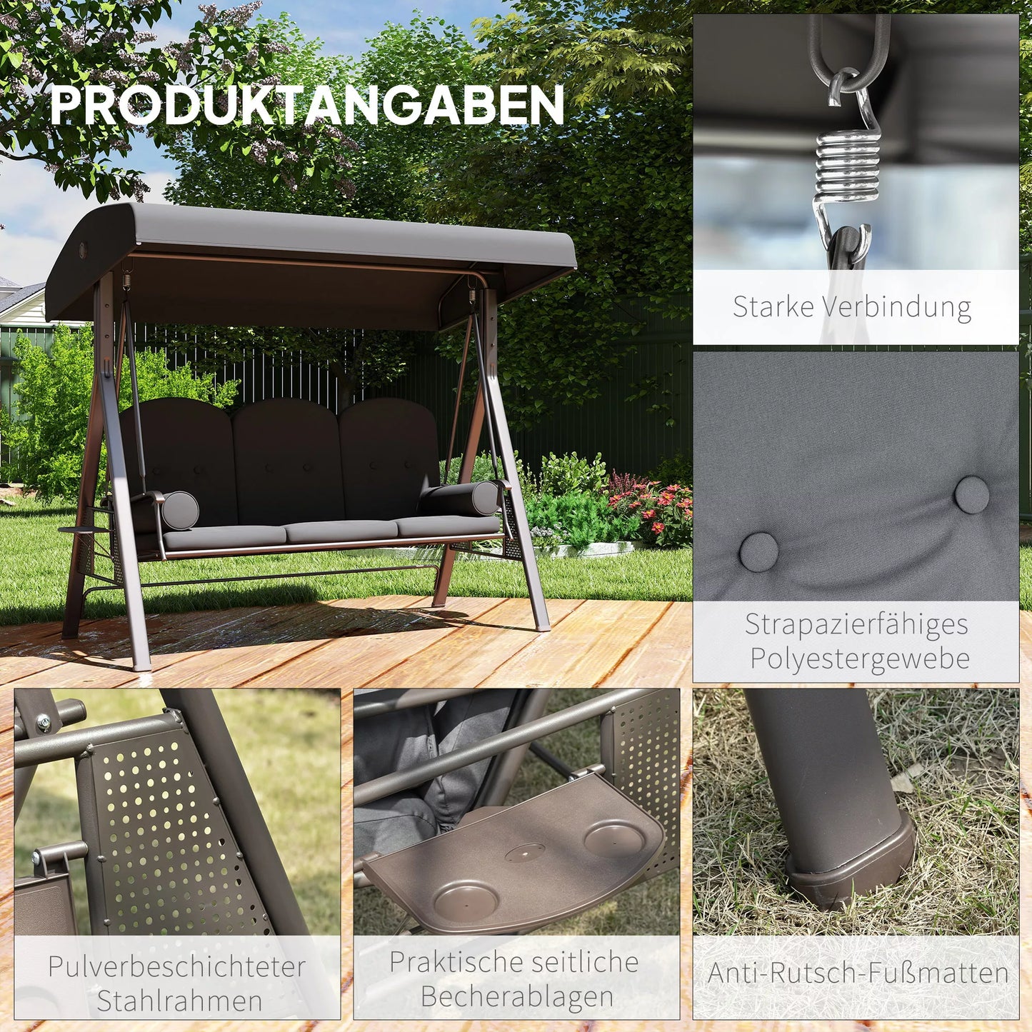 Sodo sūpynės tvirtos, trijų vietų su stogeliu, plienas ir poliesteris, iki 360 kg, tamsiai pilka