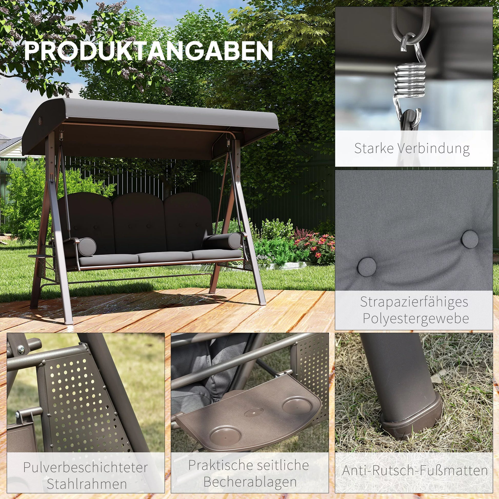 Sodo sūpynės tvirtos, trijų vietų su stogeliu, plienas ir poliesteris, iki 360 kg, tamsiai pilka