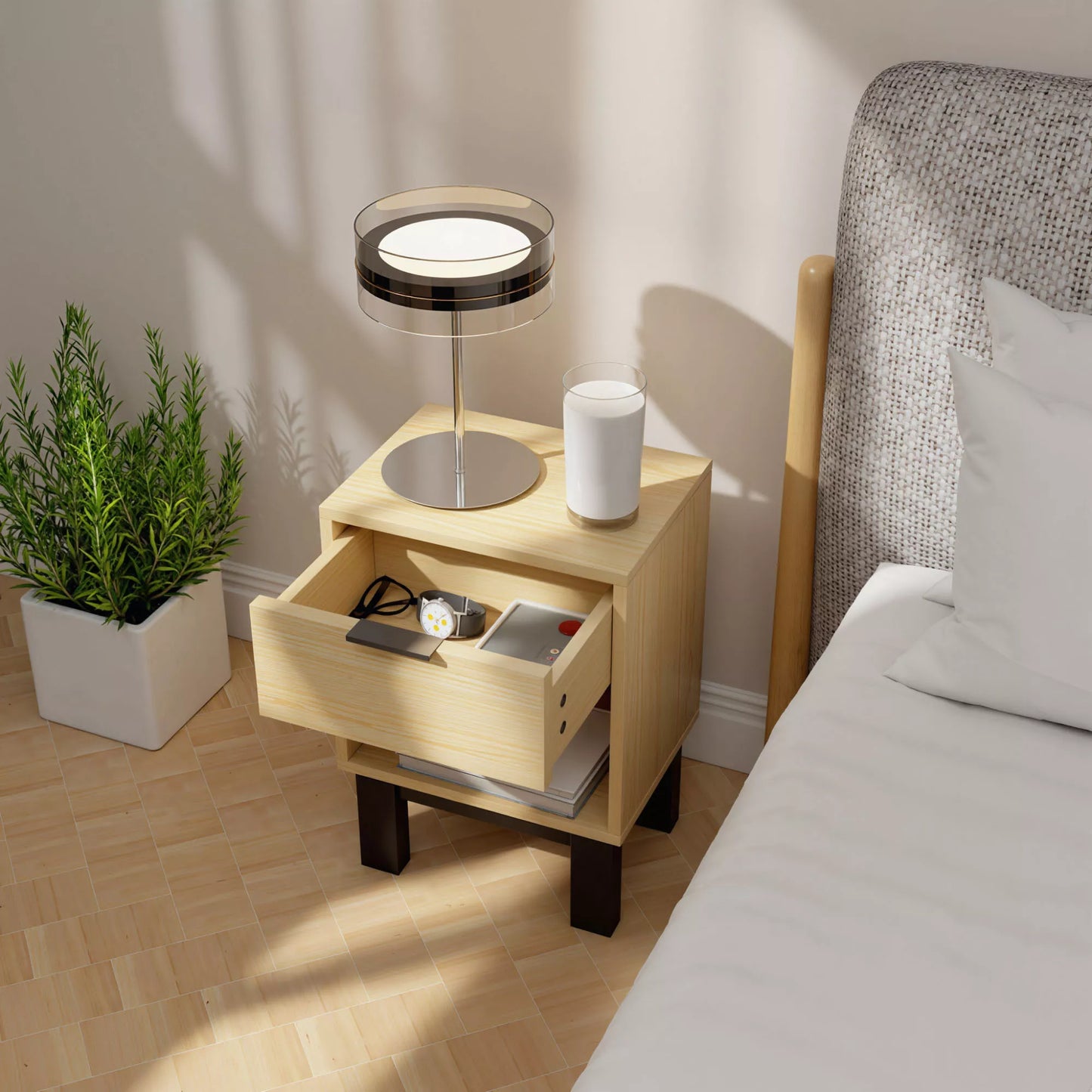 Naktinis staliukas, naktinis su stalčiumi, atviras skyrius, naktinis staliukas miegamajam, svetainei, 35 x 26 x 50 cm, ąžuolas
