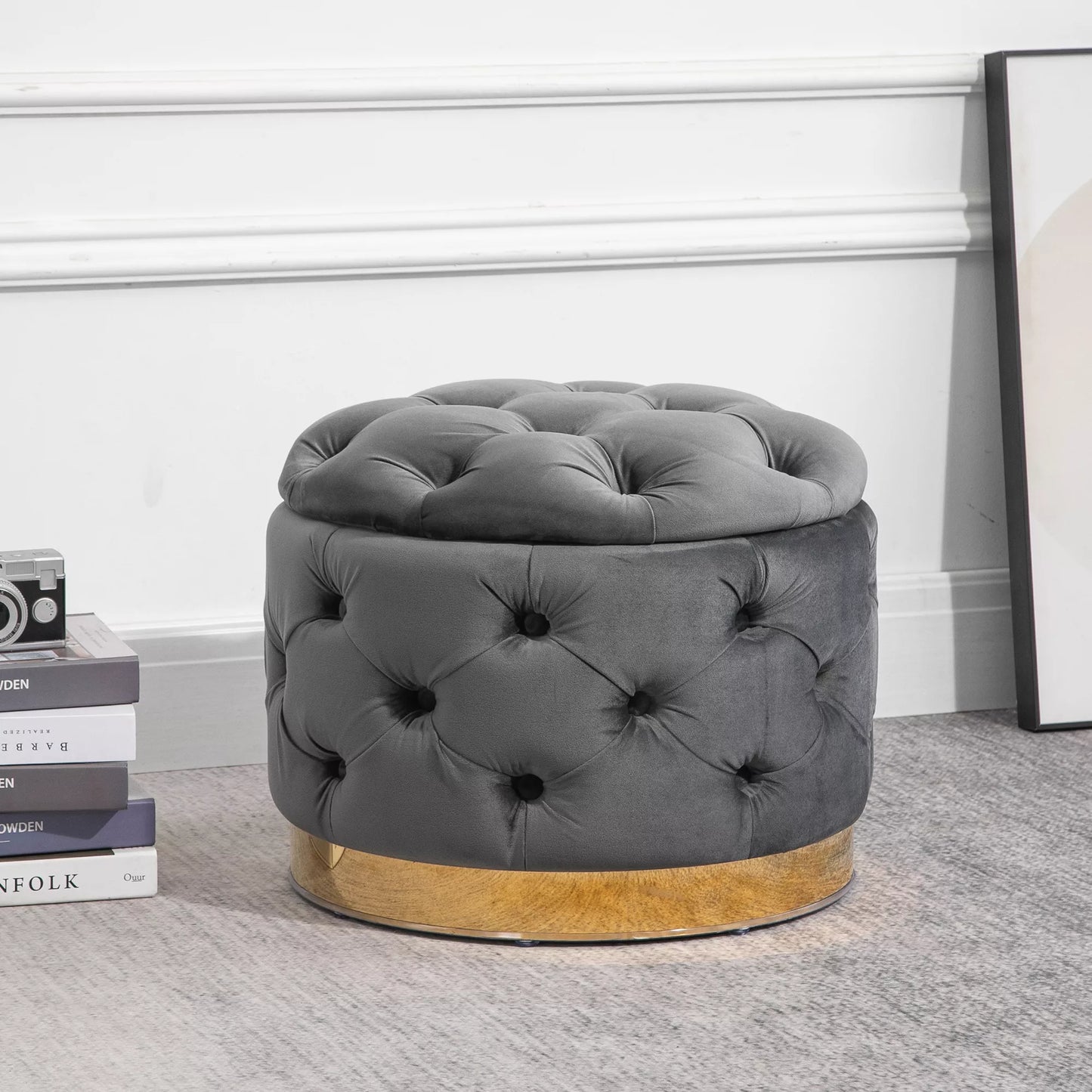 Vintažinis pufas, sėdima taburetė, skrynelė su vieta daiktams, paminkštinta kojų taburetė, metalas, putplastis, anglies pilkumo, 55 x 55 x 42 cm