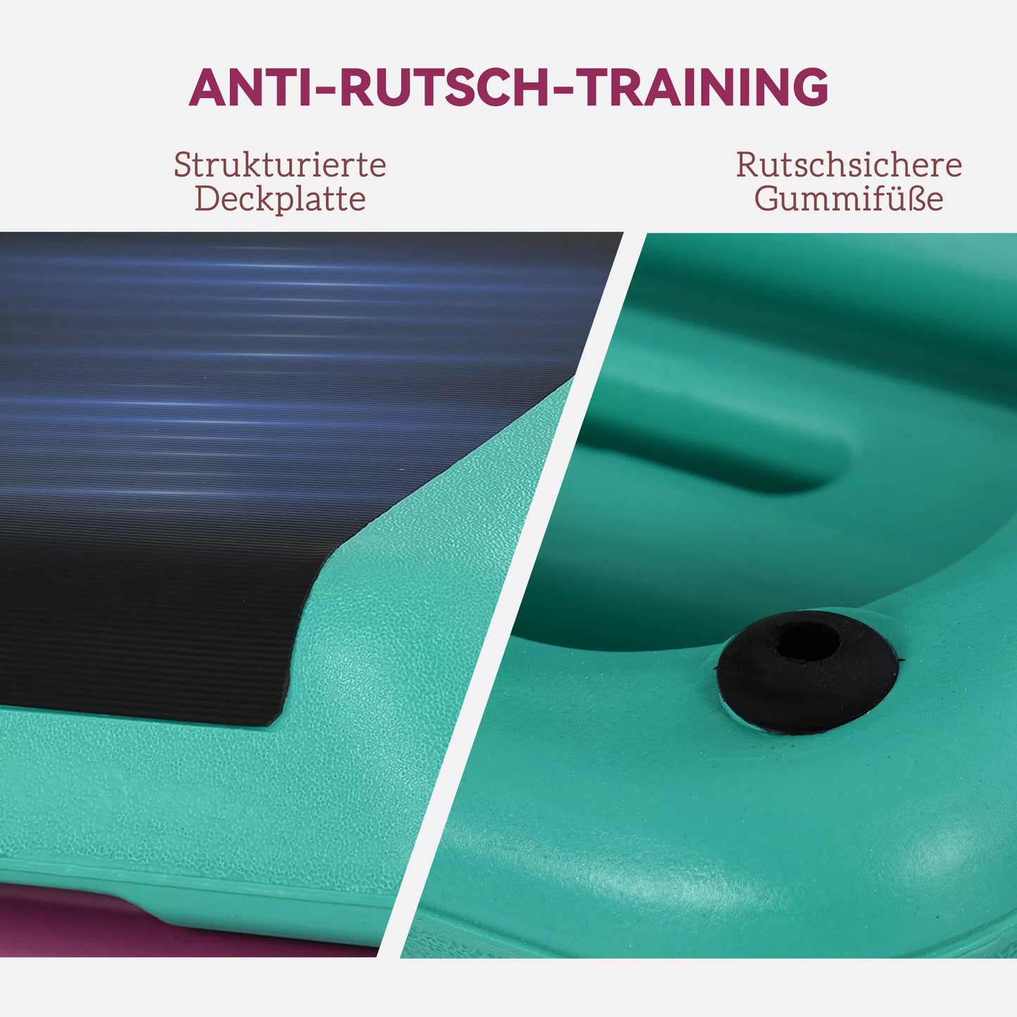 Aukščio reguliavimo fitneso stepperis, 3 pakopos (10/15/20 cm), neslystantis, skirtas namams, sporto salei, biurui. Plastikinis, juodos+žalios+violetinės spalvos