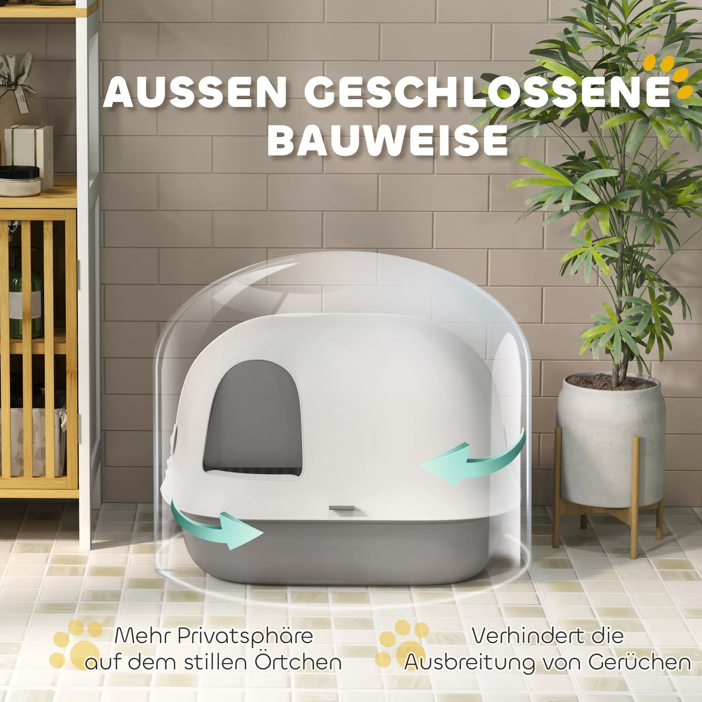 Katės tualetas su dangčiu ir vidiniu lataku, durelėmis, kastuvėliu, lengvai valomas, plastikas, šviesiai pilkas