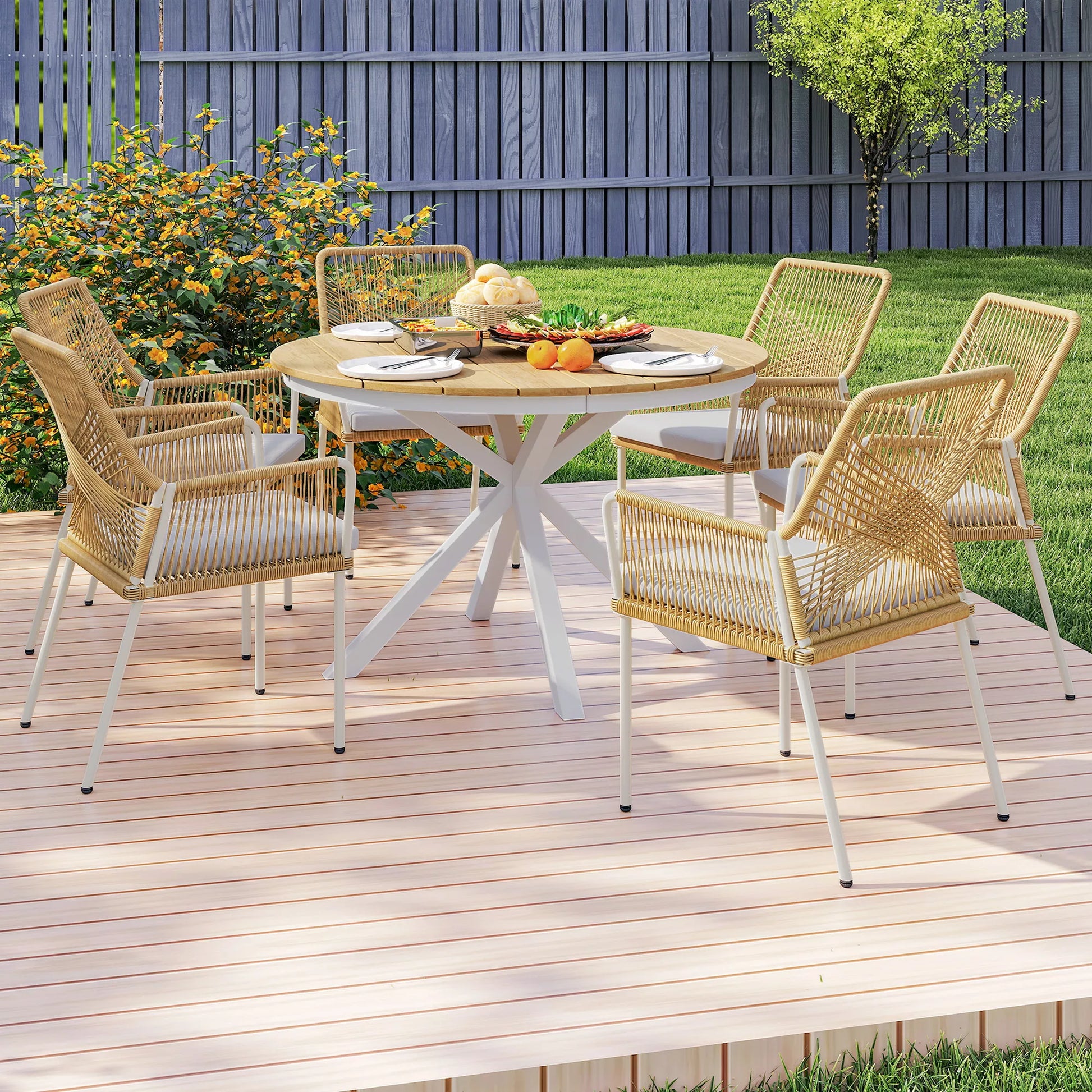 Sodo stalas Ø118 cm, atsparus atmosferos poveikiui, aliuminis balkono stalas, pagalbinis stalas su kryžminėmis kojomis, lentų dizainas, tiko mediena