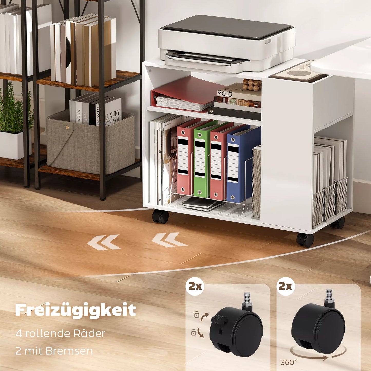 Stalas spauzdintuvui su skyriais, biuro lentyna su papildomomis vietomis daiktams laikyti, mdf ir metalas, 70x34x60 cm, balta