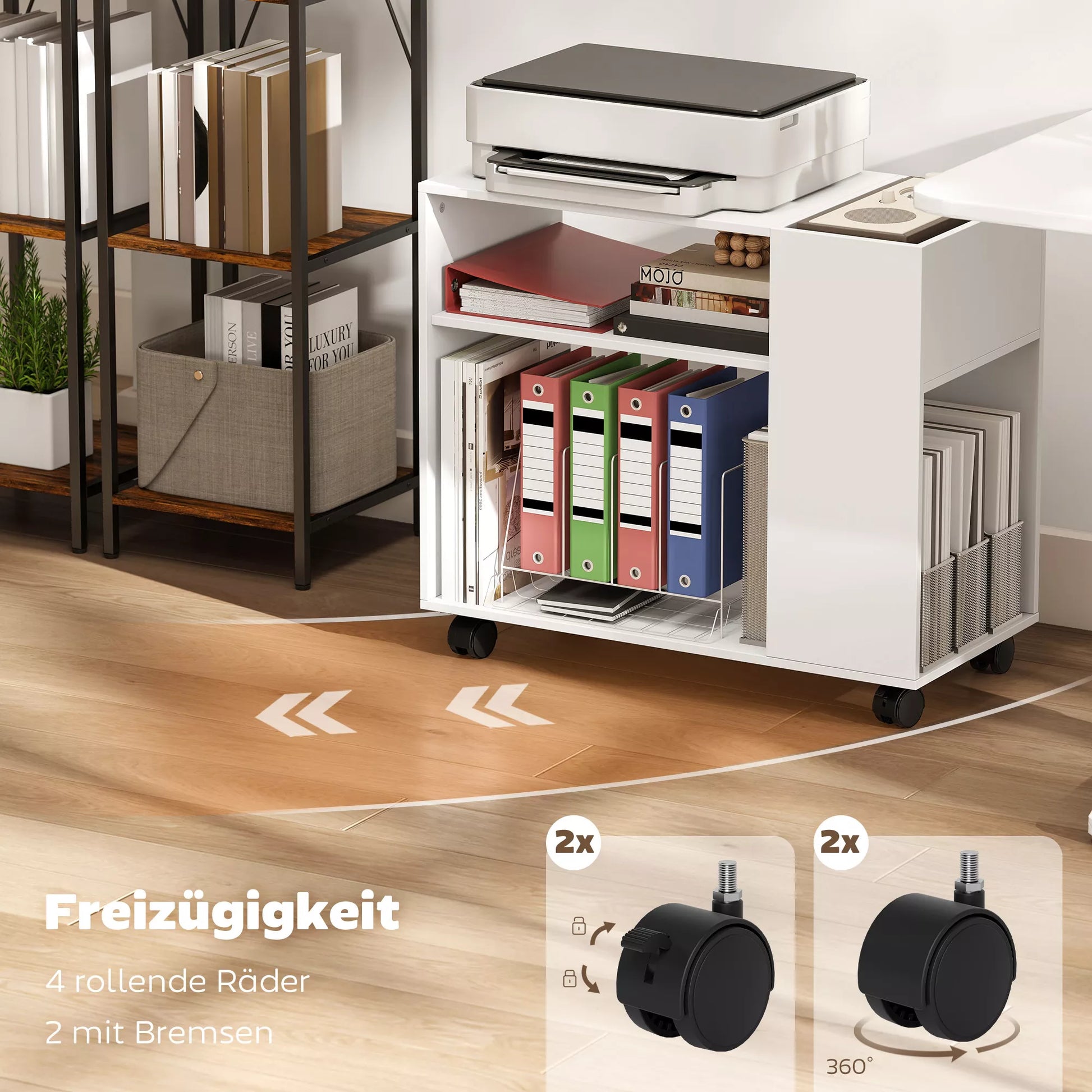 Stalas spauzdintuvui su skyriais, biuro lentyna su papildomomis vietomis daiktams laikyti, mdf ir metalas, 70x34x60 cm, balta