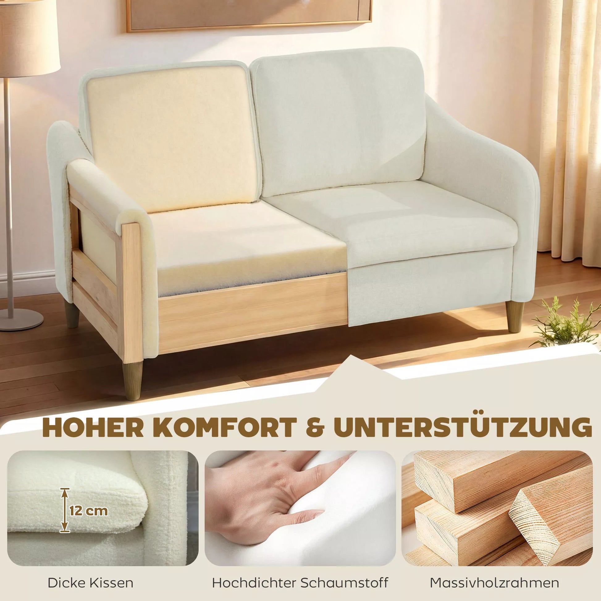 2 vietų sofa, maža sofa su šerpa vilnos išvaizda, 137 cm, skirta svetainei, kreminė balta