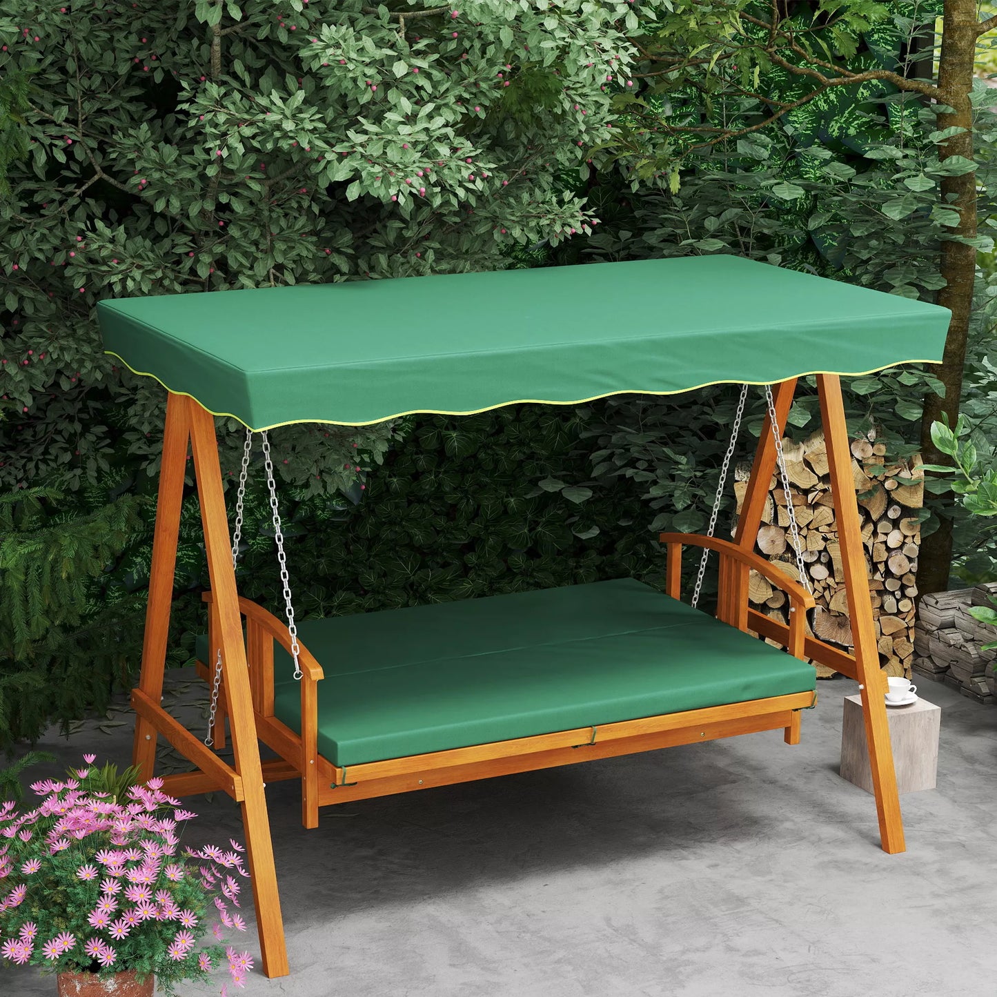 Lauko, sodo  sūpynės su saulės stogu, tikros medžio sodo sūpynės, sūpynės su atlošimo funkcija, 3 asmenims, tamsiai žalios spalvos