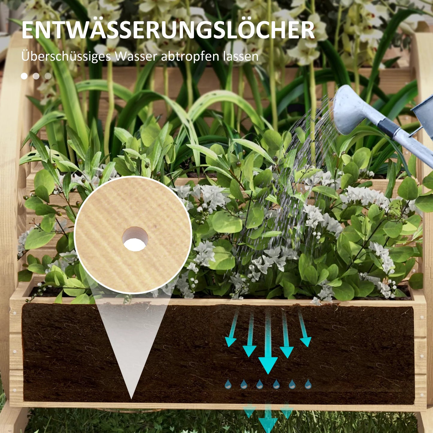 Pakelta lysvė, 3 aukštų su dekoratyviniais ratais, natūrali mediena, 62x61x57 cm, natūralaus medžio