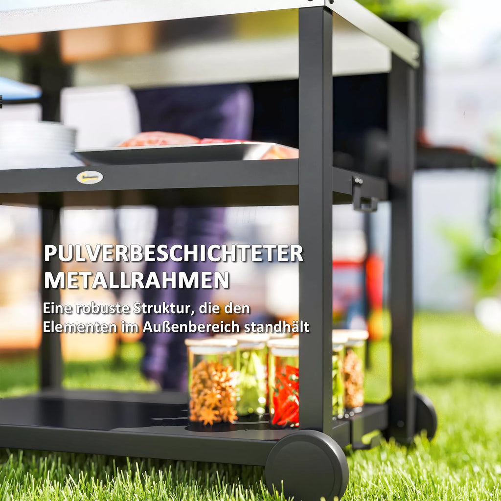 Grillwagen 3-Etagen Servierwagen mit Arbeitsfläche Ablagen Haken Räder, Edelstahl 102x50x81cm Kohlegrau