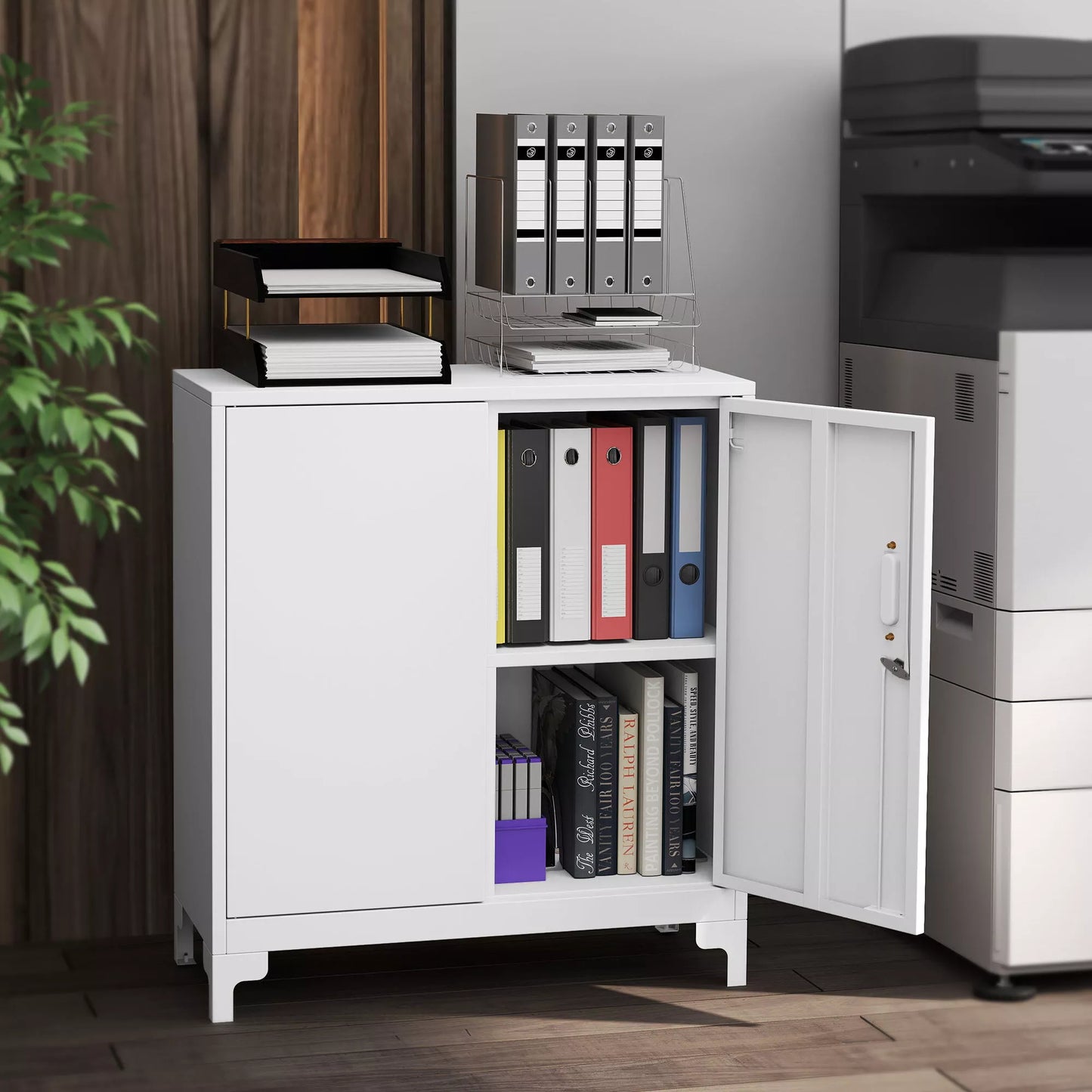 Metalinė biuro spinta, užrakinamos durys, biuro komoda, 2 pakopų dizainas, balta