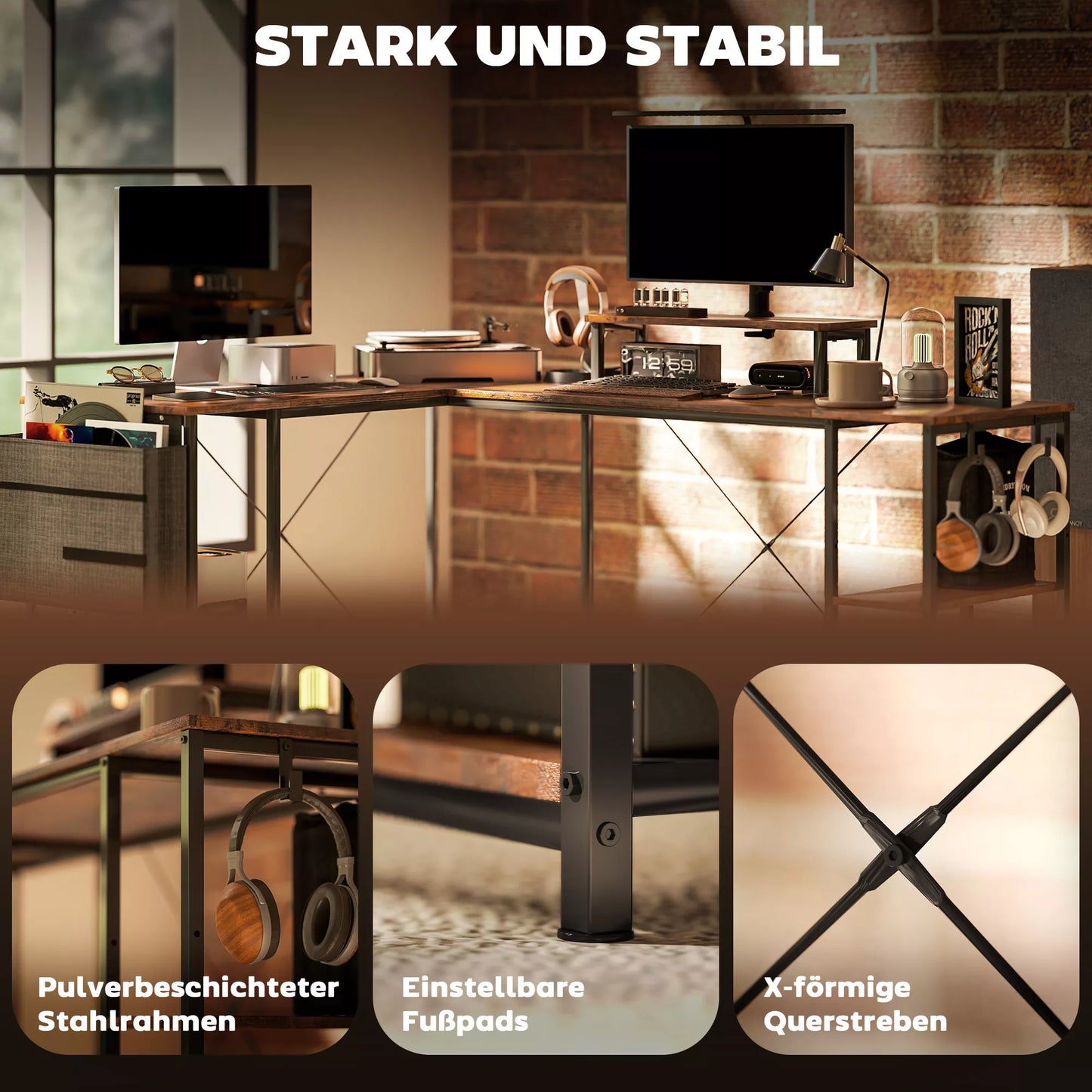 L formos stalas, universalus biuro stalas su reguliuojamomis lentynomis ir laikymo maišeliu, monitoriaus stovas, rudos spalvos