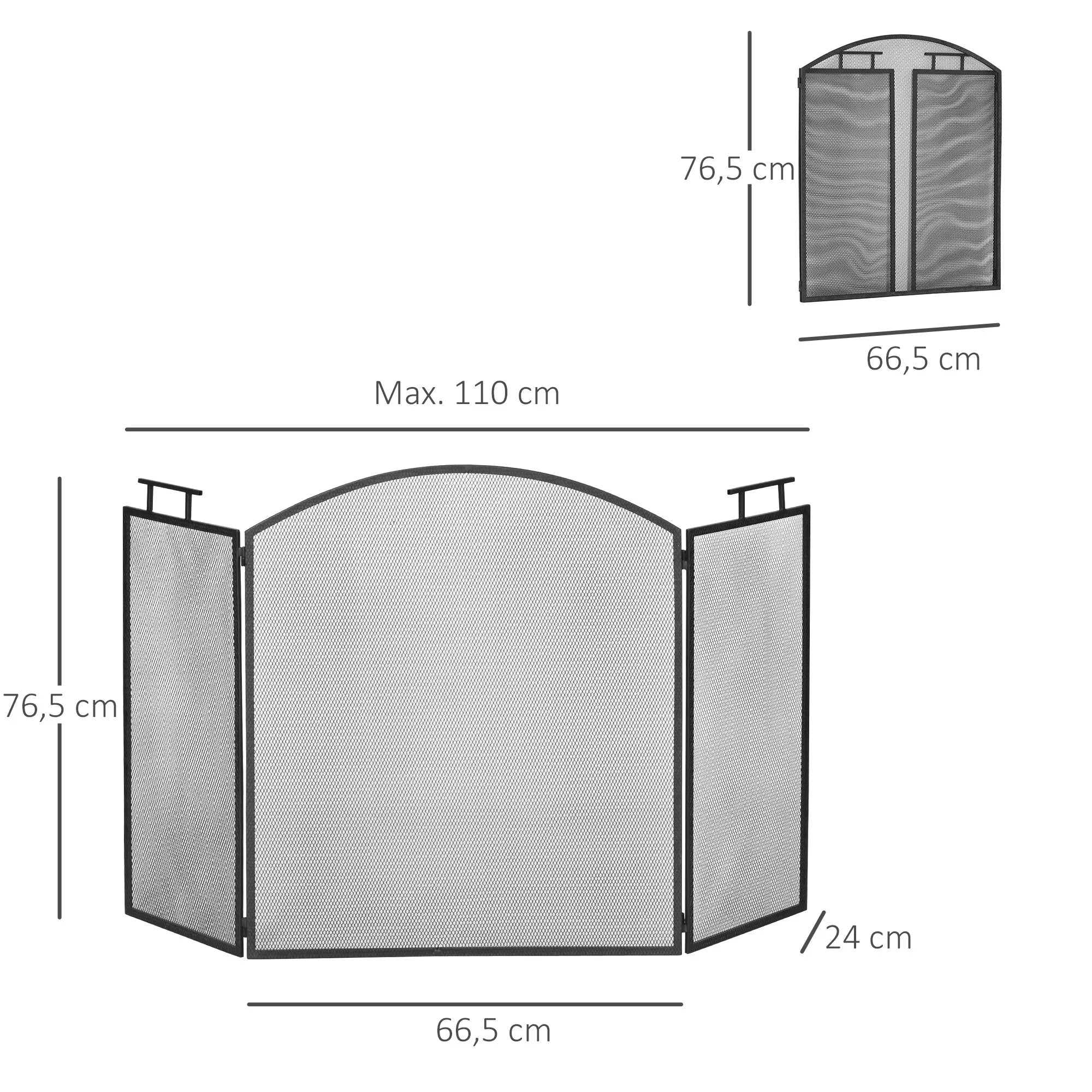 Sulankstomas metalinis židinio ekranas, apsaugantis nuo kibirkščių, 110 x 24 x 76,5 cm, juodas