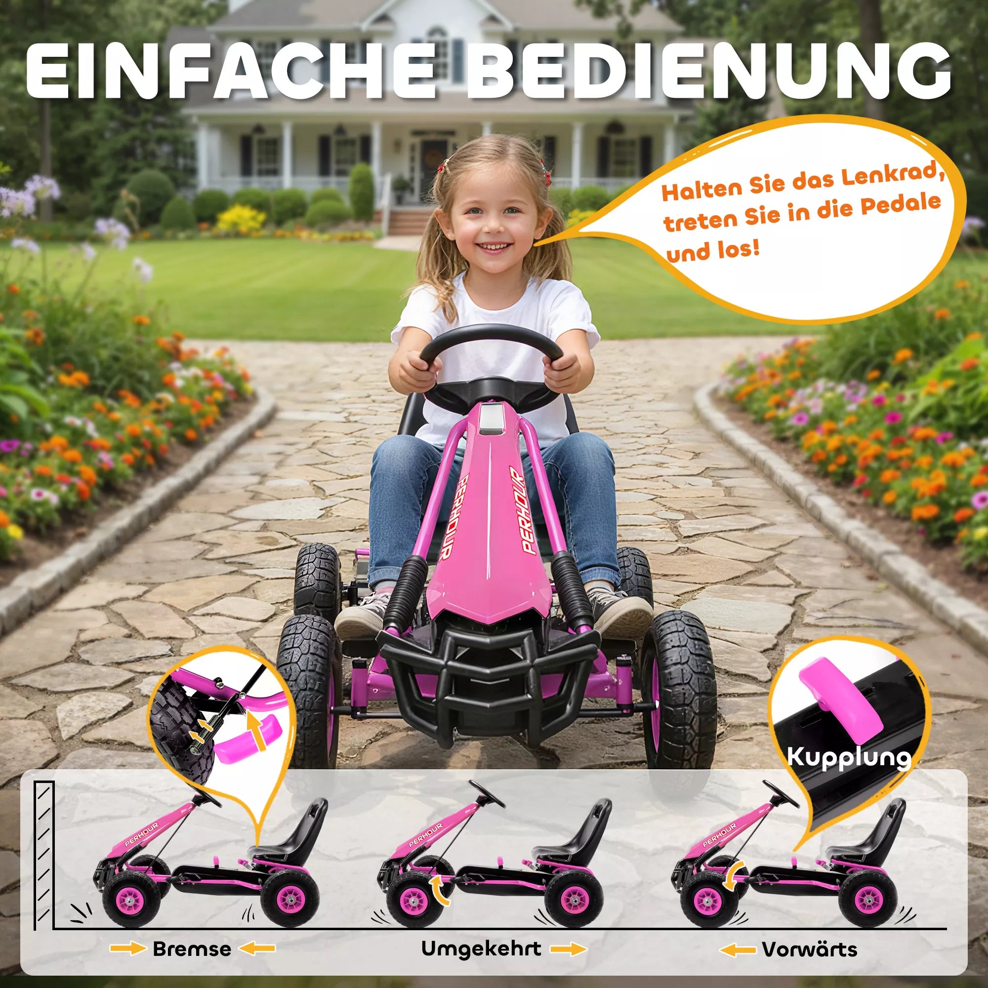 Pedalinis kartingas vaikams, aukščio reguliuojama sėdynė, EVA ratai, stabdžiai, sankaba, 3–8 metai, rožinis