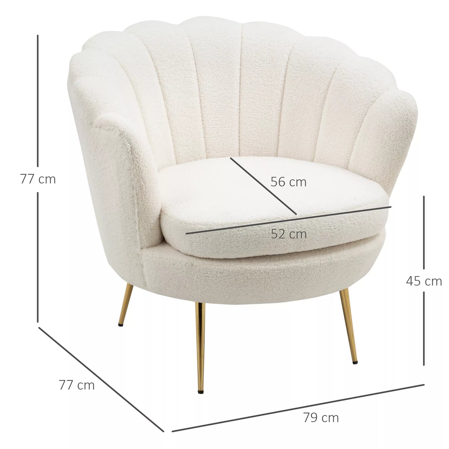 Minkštas fotelis kriauklių formos, poilsio fotelis, atsipalaidavimo fotelis, metalinės aukso spalvos kojelės, 79 ilgis x 77 plotis x 77 aukštis cm, Baltas