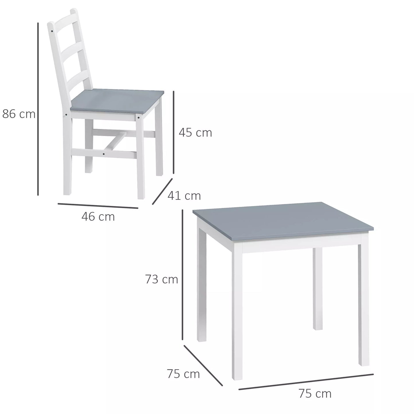 Valgomojo komplektas 2 asmenims, 2 kėdės, 1 stalas, pušies mediena, balta + pilka