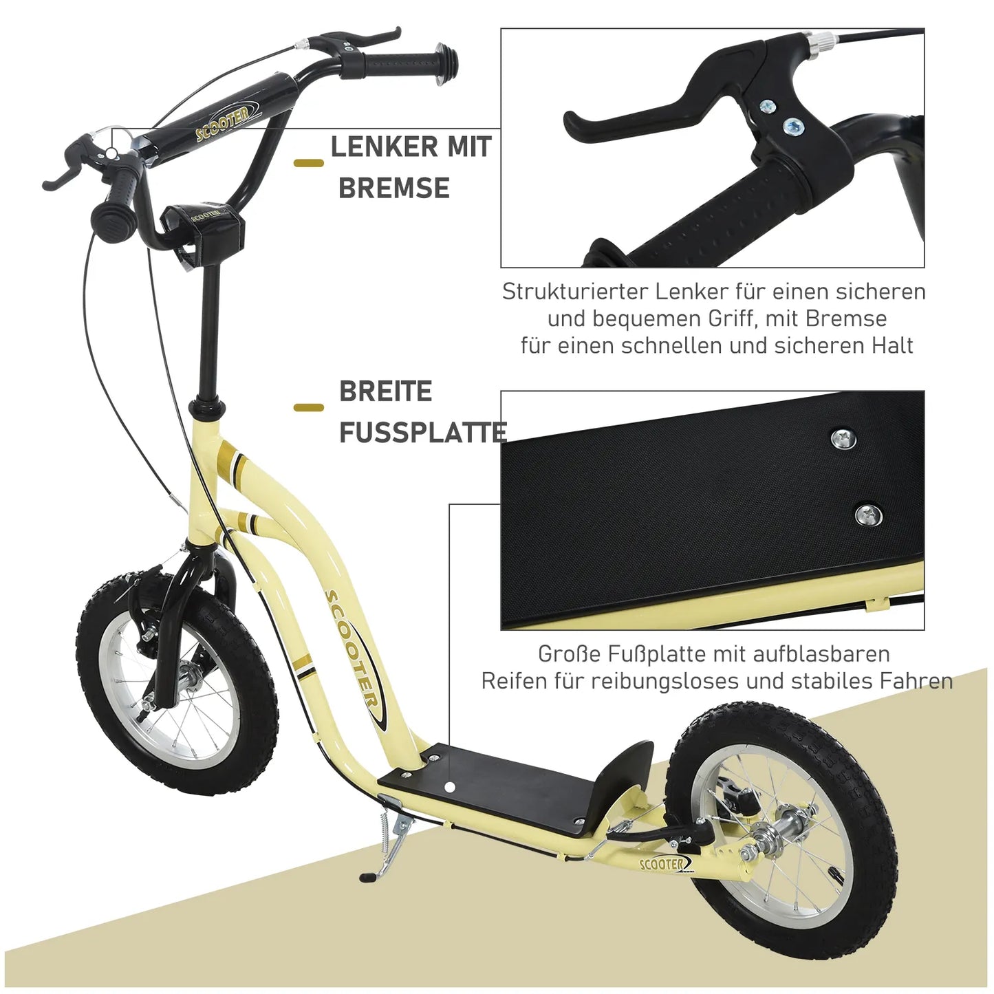 Vaikiški paspirtukai nuo 5 metų Scooter Vaikiški paspirtukai Paspirtukai Miesto paspirtukai Vaikiški paspirtukai Kickboard su pneumatinėmis padangomis 12 colių Guma Aliuminis Smėlio spalvos 120 x 58 x 85-95 cm