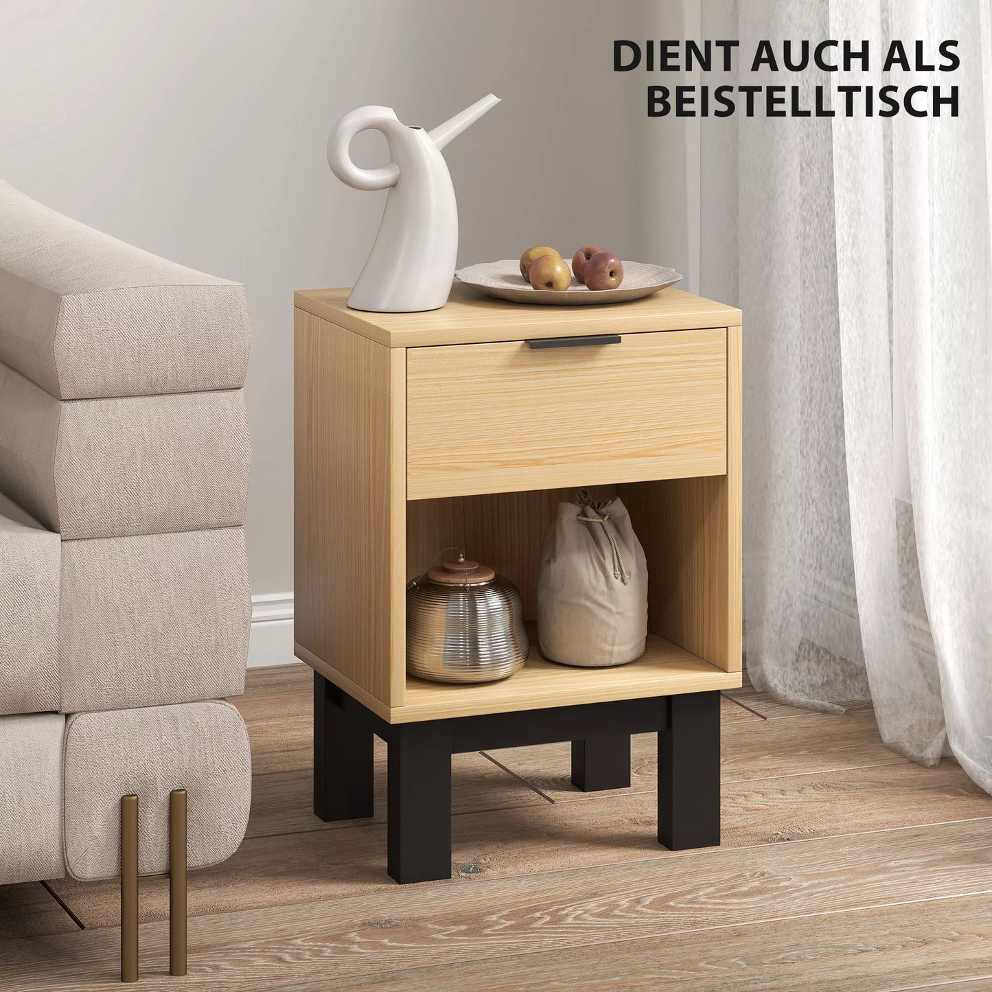 Naktinis staliukas, naktinis su stalčiumi, atviras skyrius, naktinis staliukas miegamajam, svetainei, 35 x 26 x 50 cm, ąžuolas