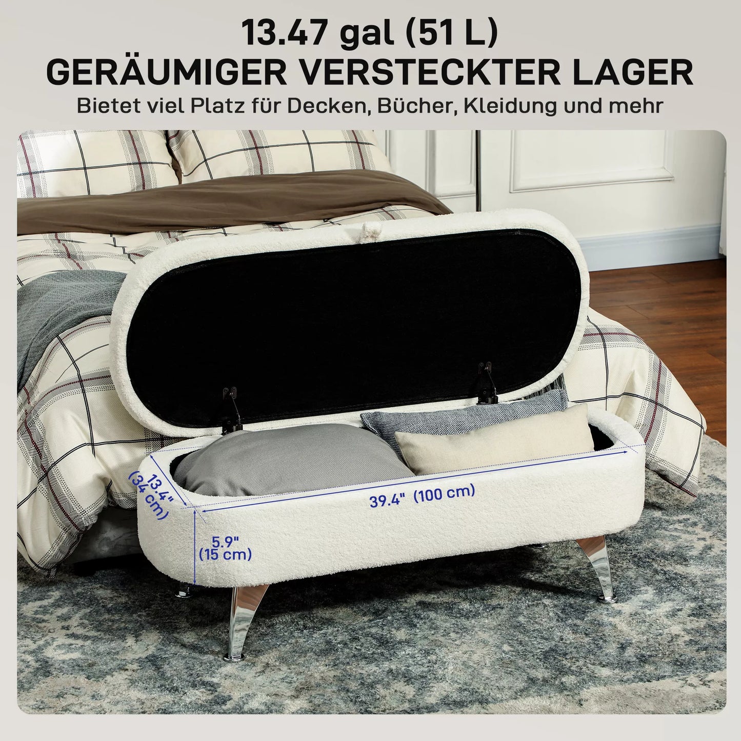 Balta suolynė su daiktadėže, dangčiu ir metalinėmis kojelėmis svetainei, miegamajam, koridoriui.