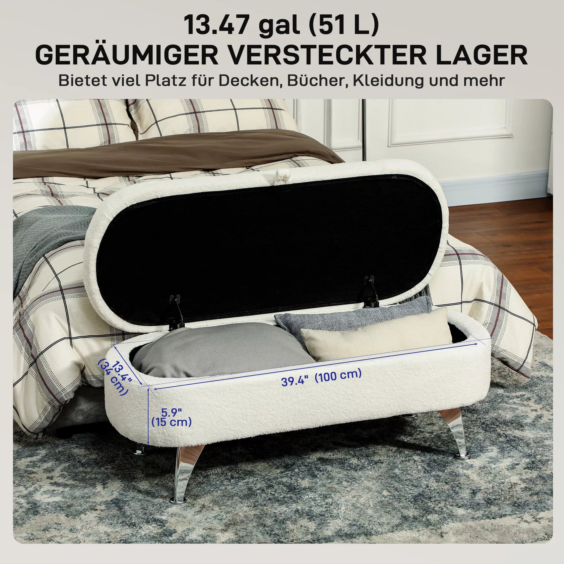 Balta suolynė su daiktadėže, dangčiu ir metalinėmis kojelėmis svetainei, miegamajam, koridoriui.