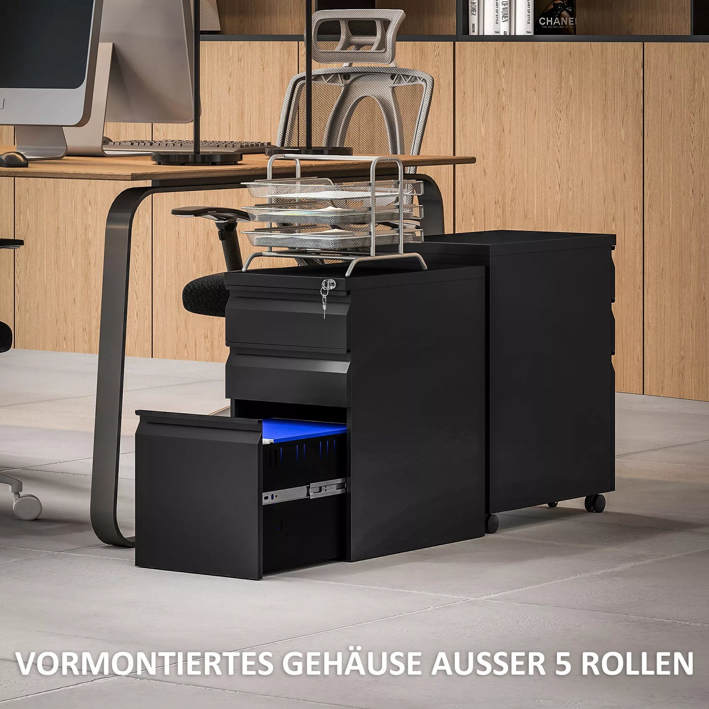 Metalinis dokumentų spintelė, biuro spintelė, 3 stalčiai, su ratukais, juoda