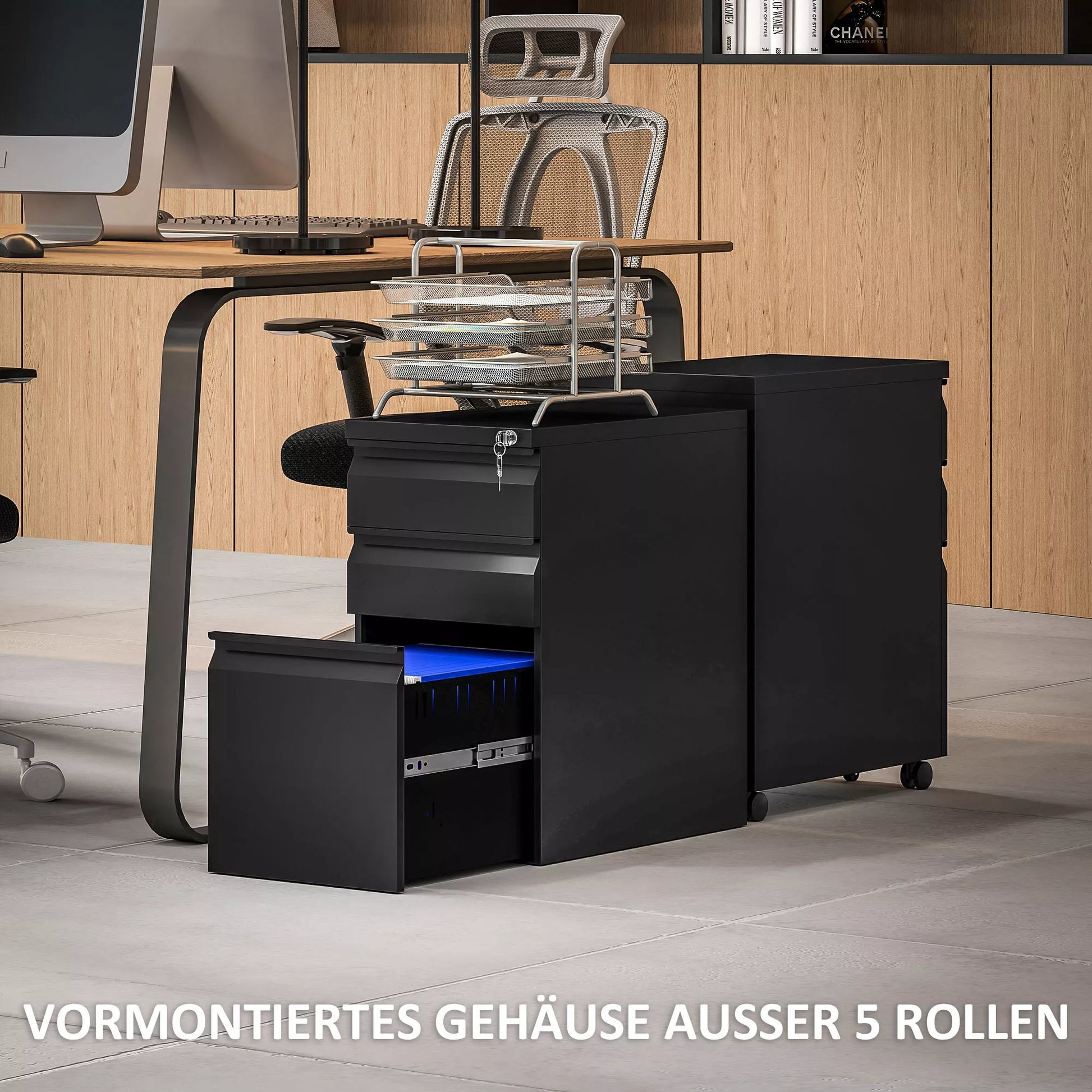 Metalinis dokumentų spintelė, biuro spintelė, 3 stalčiai, su ratukais, juoda