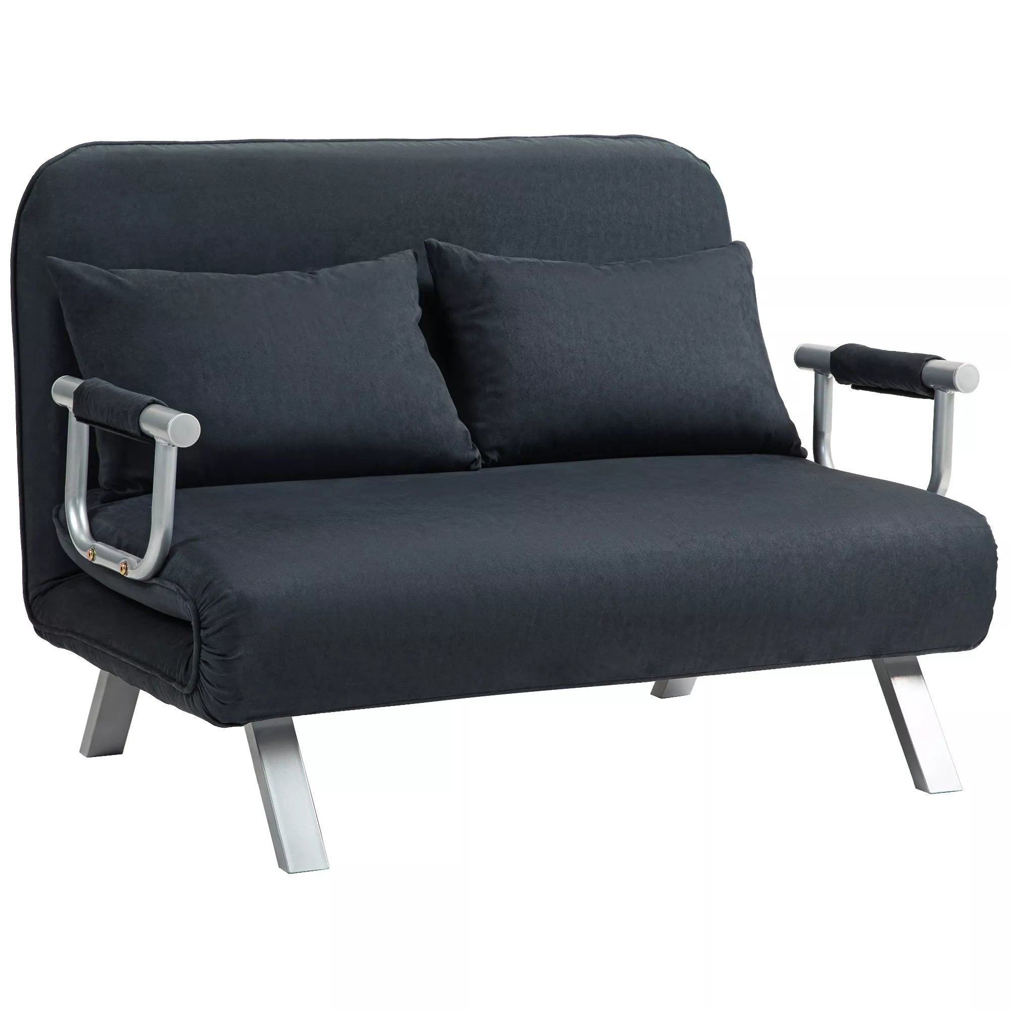Miegamoji sofa, 5 padėčių reguliuojama, dirbtinio zomšo, plieninis rėmas, su pagalvėlėmis, juodos spalvos