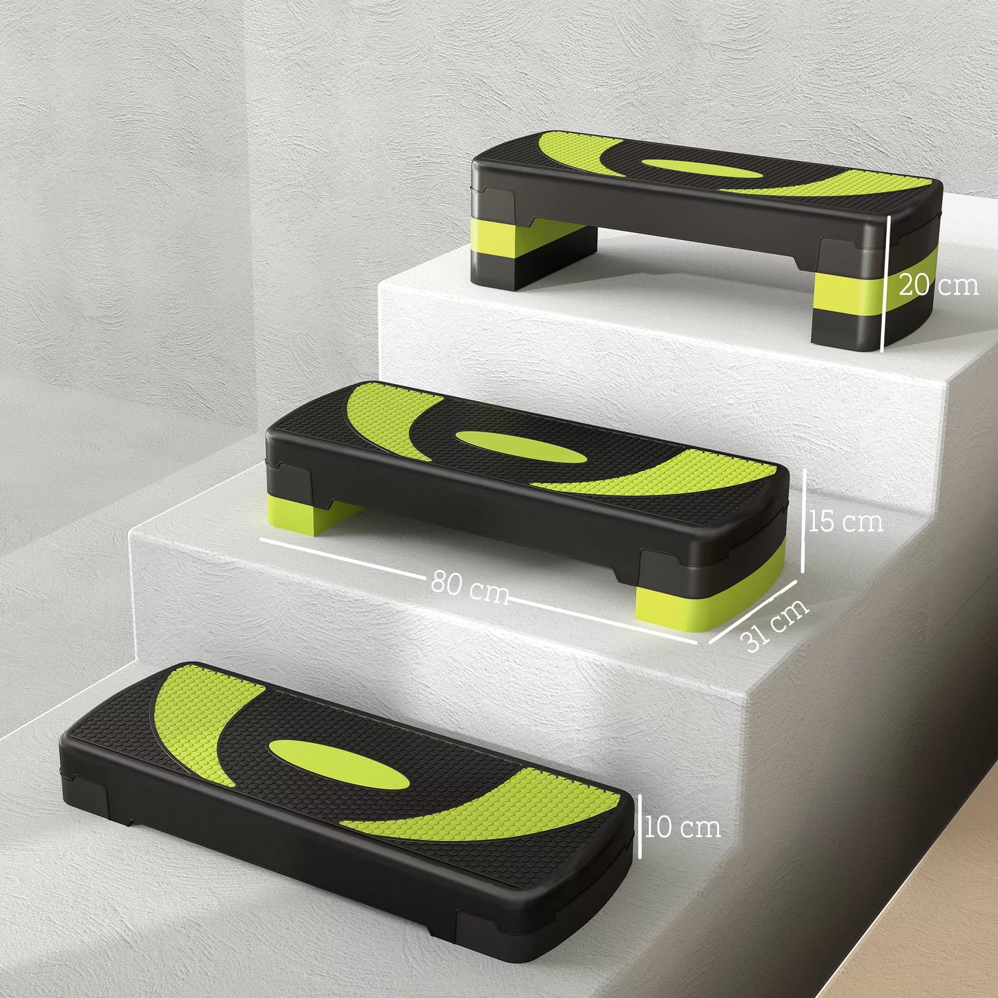 Aerobinis stepperis, reguliuojamas aukštis, skirtas naudoti patalpoje ir lauke, keliamoji galia iki 150 kg, 80 x 31 x 10-20 cm, žalias