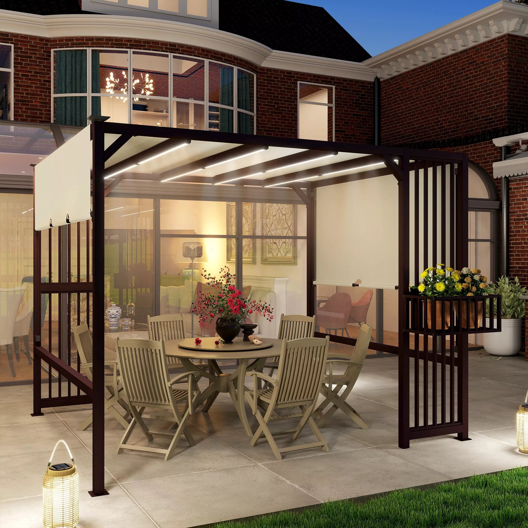 Pergola paviljonas 3x2,5 m UV 30+Stabilus, atsparus žiemos sąlygoms, su reguliuojamu stumdomu stogu, tamsiai rudos spalvos
