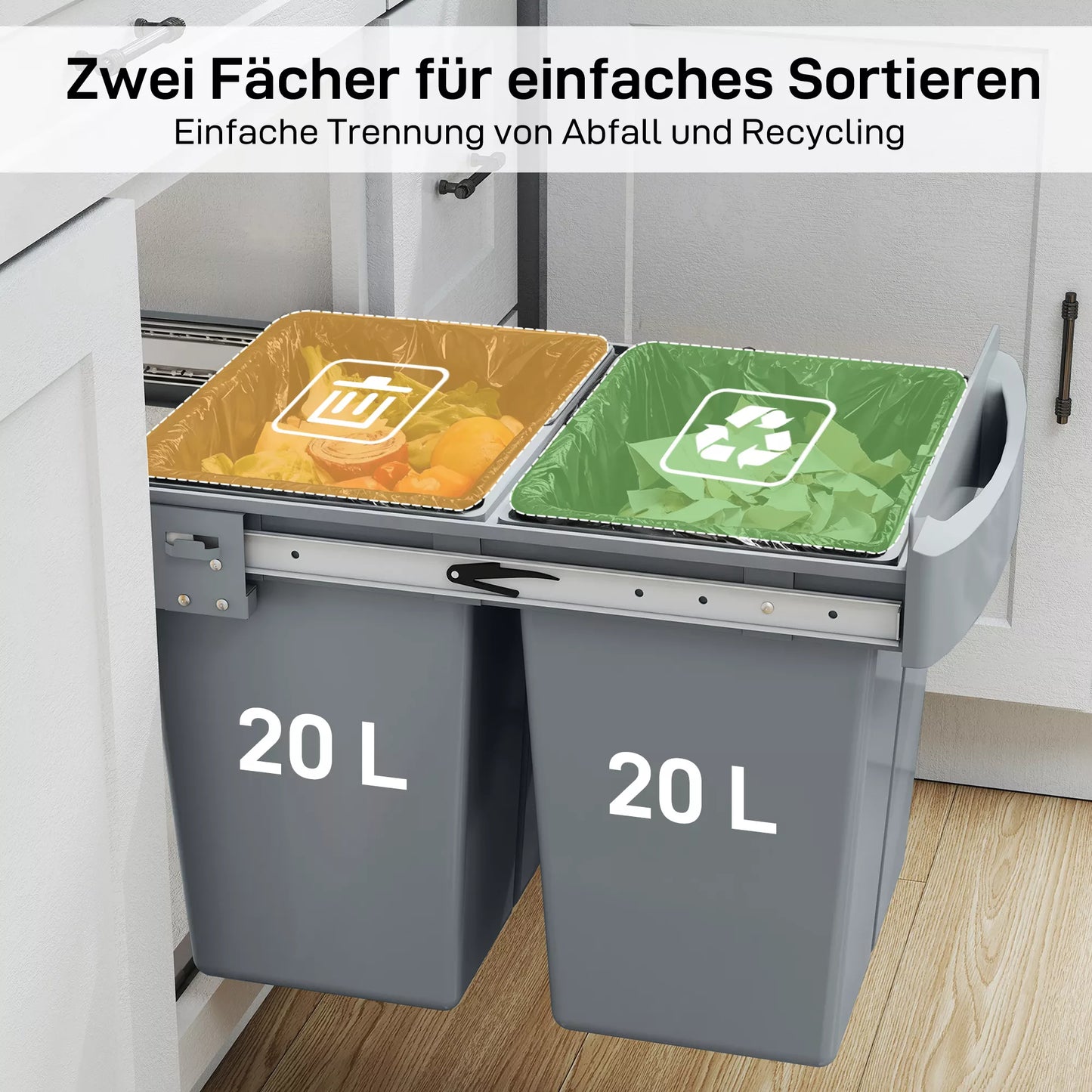 Išimamas šiukšlių konteineris, 2 x 20 l, išimami konteineriai, plastikas, metalas, pilkos spalvos