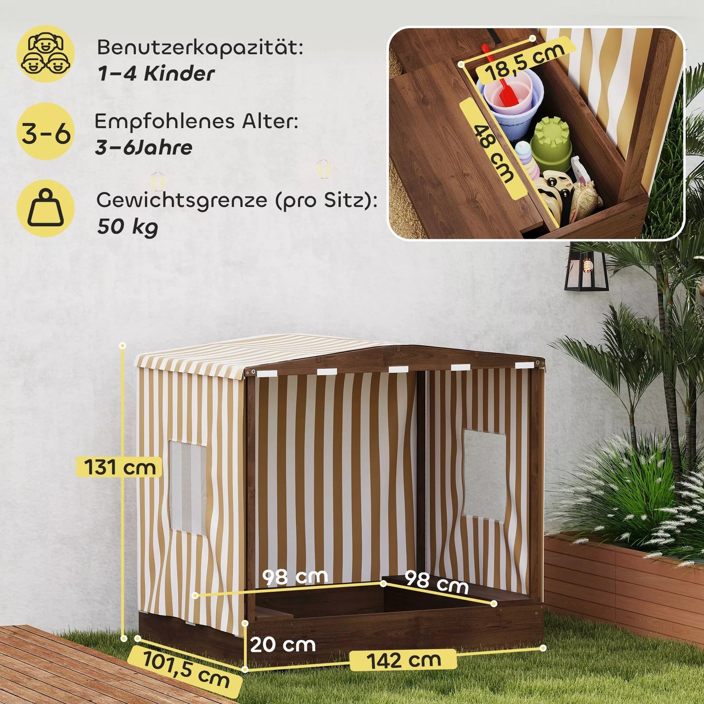 Smėlio dėžė su stogeliu ir tinklinėmis durelėmis, suoliukais, dugno apsauga, ruda