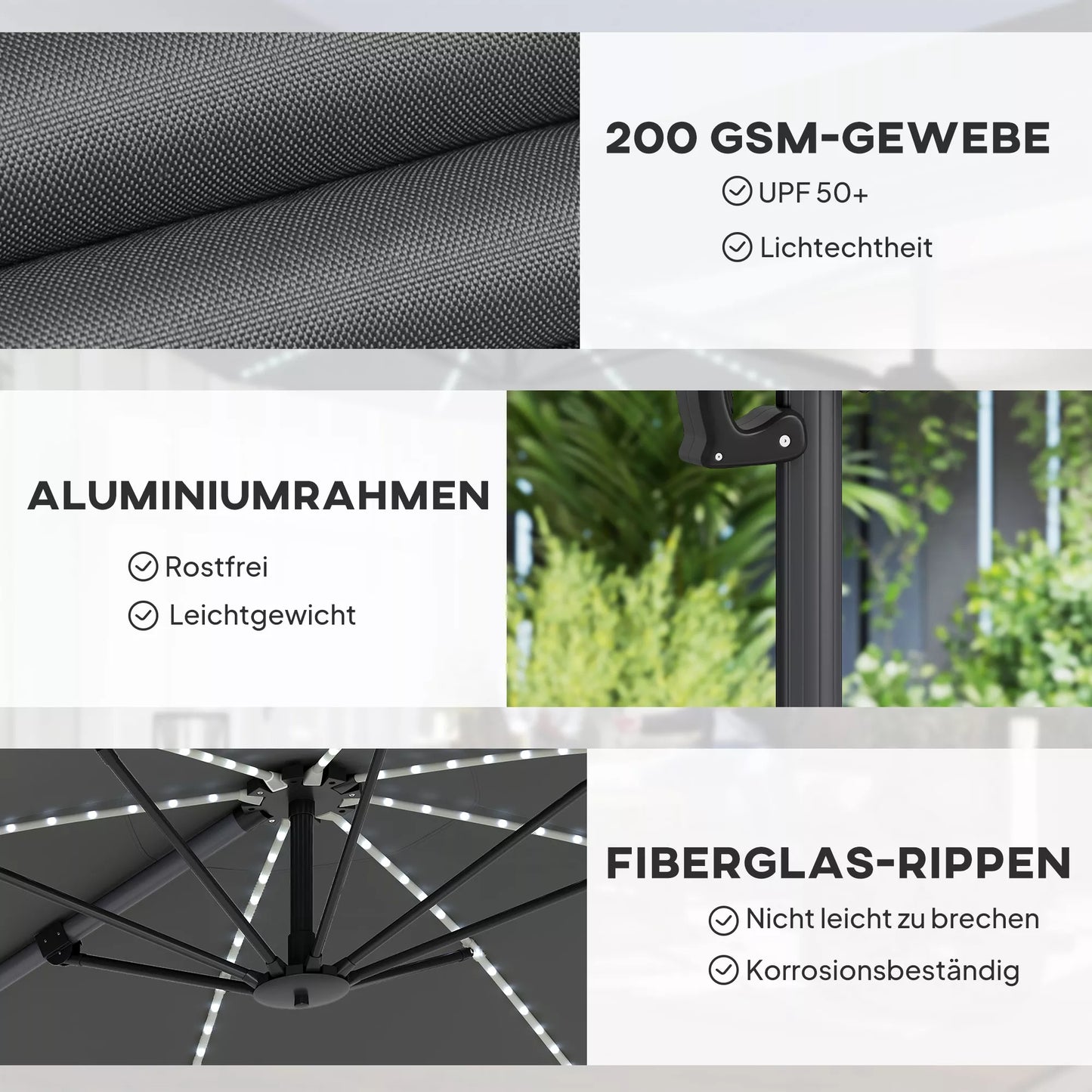Alu Pastatomas skėtis su LED Saulės energija Ø300 cm, reguliuojamo aukščio, su rankenėle, UV50+ tamsiai pilkos spalvos