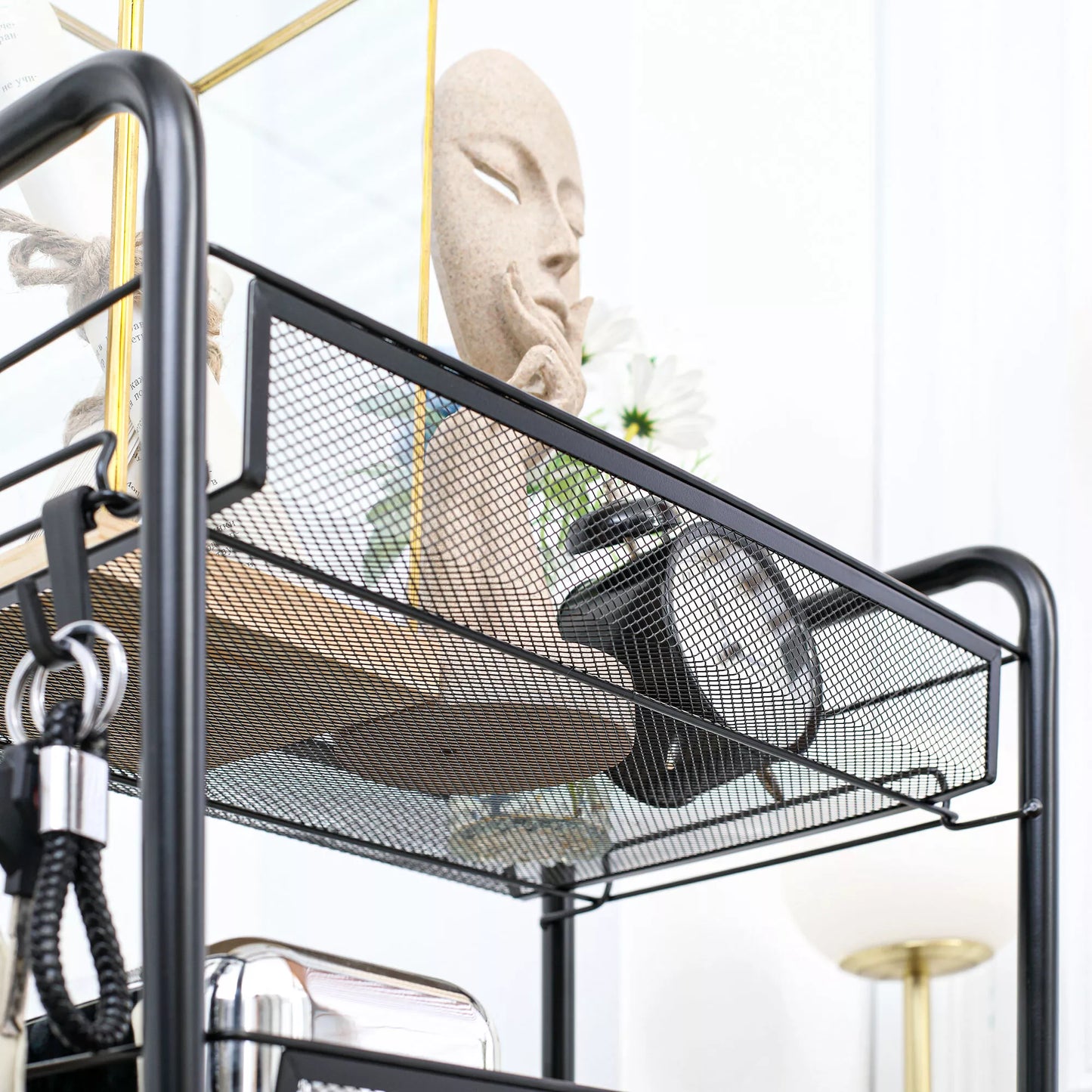 Vežimėlis su 4 pakabinamais krepšeliais, ratukinis serviravimo vežimėlis, mobilus, su nuimamais kabliukais, plienas, 45 x 26,5 x 84 cm, juodas