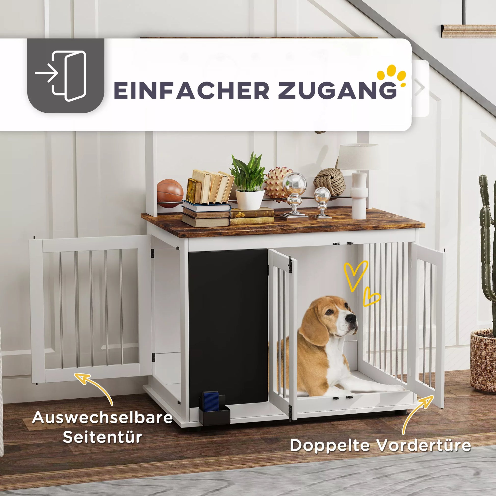 Šunų dėžė su laikymo lentyna žaislams, kabliai pavadėliams, rašomoji lenta, trintukas, dideliems šunims, balta