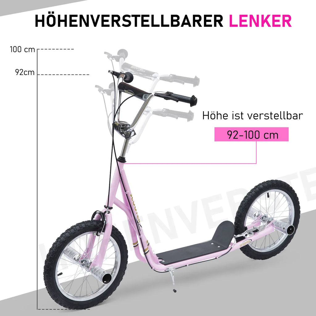 Vaikų paspirtukas su pneumatinėmis padangomis Kickscooter Scooter Tretroller Cityroller vaikams Kickboard 16 colių nuo 5 metų Aukščio reguliavimas Rožinis 143 x 58 x 92-100 cm