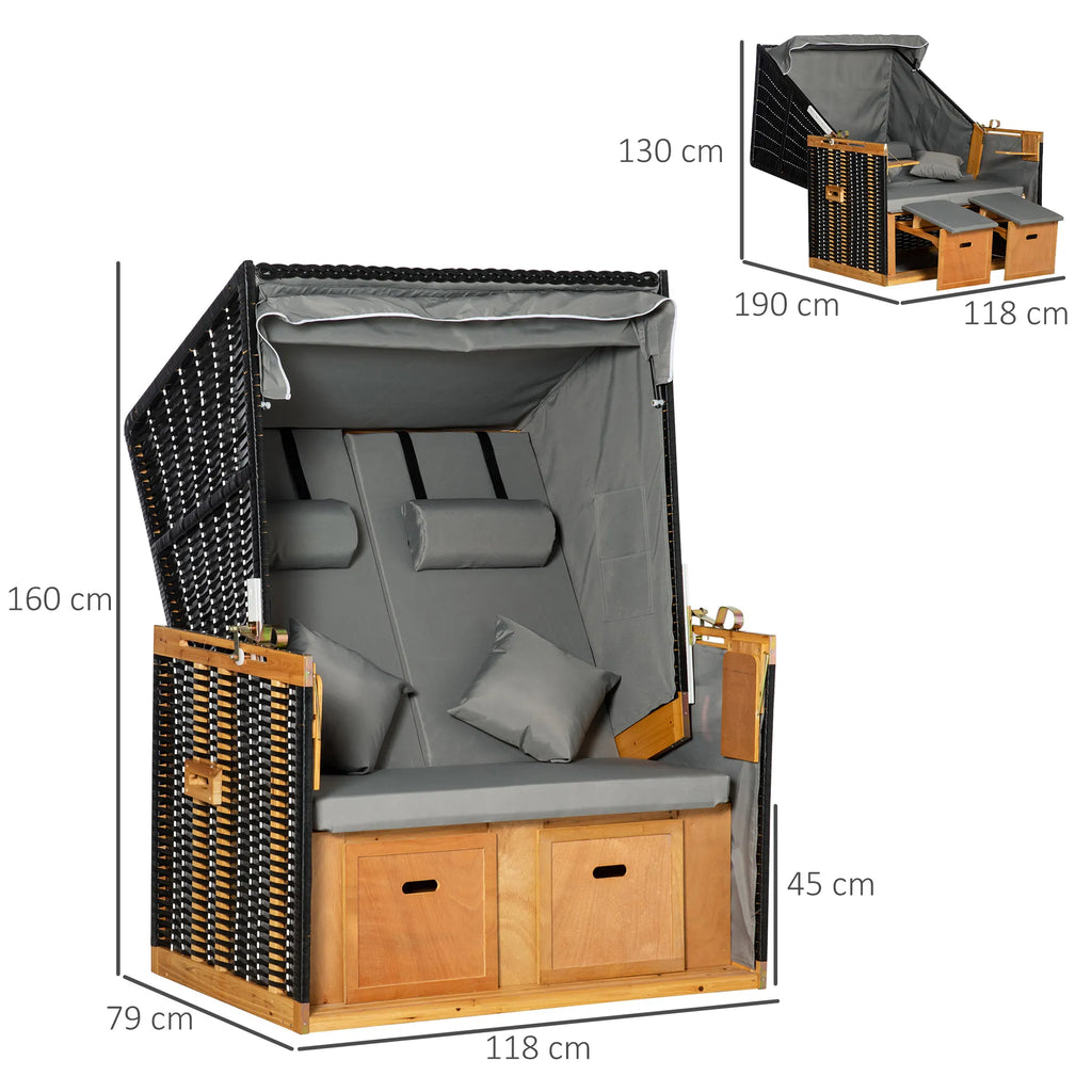 Paplūdimio kėdė 2 asmenims, su pagalvėmis, kaklo pagalvėlėmis ir kojų atramomis, atspari oro sąlygoms, šviesiai pilkos spalvos