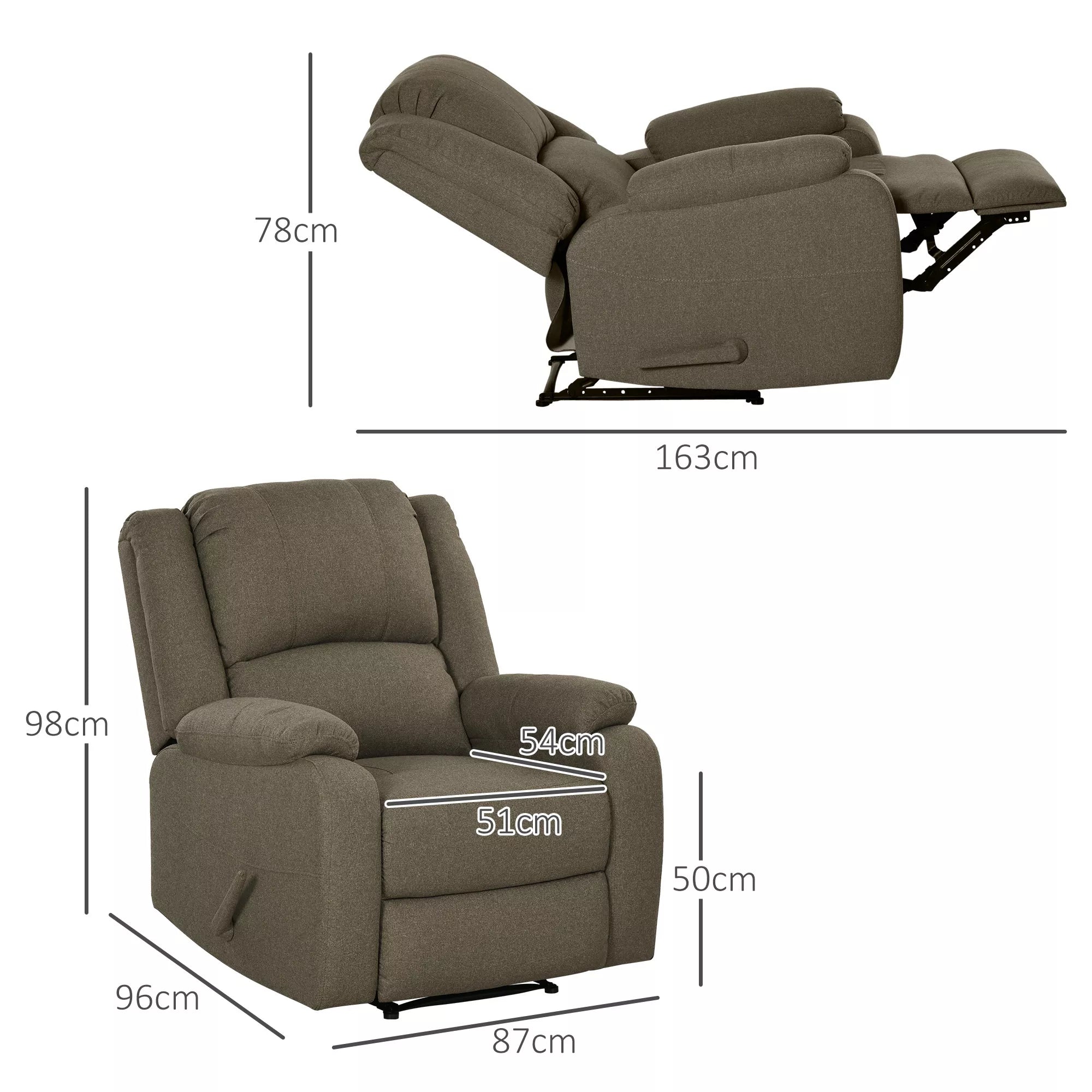 Atpalaiduojantis fotelis su atlošimo funkcija ir kojų atrama, reguliuojamas, iki 150 kg, plieninis rėmas, 90 x 96 x 98 cm, rudos spalvos