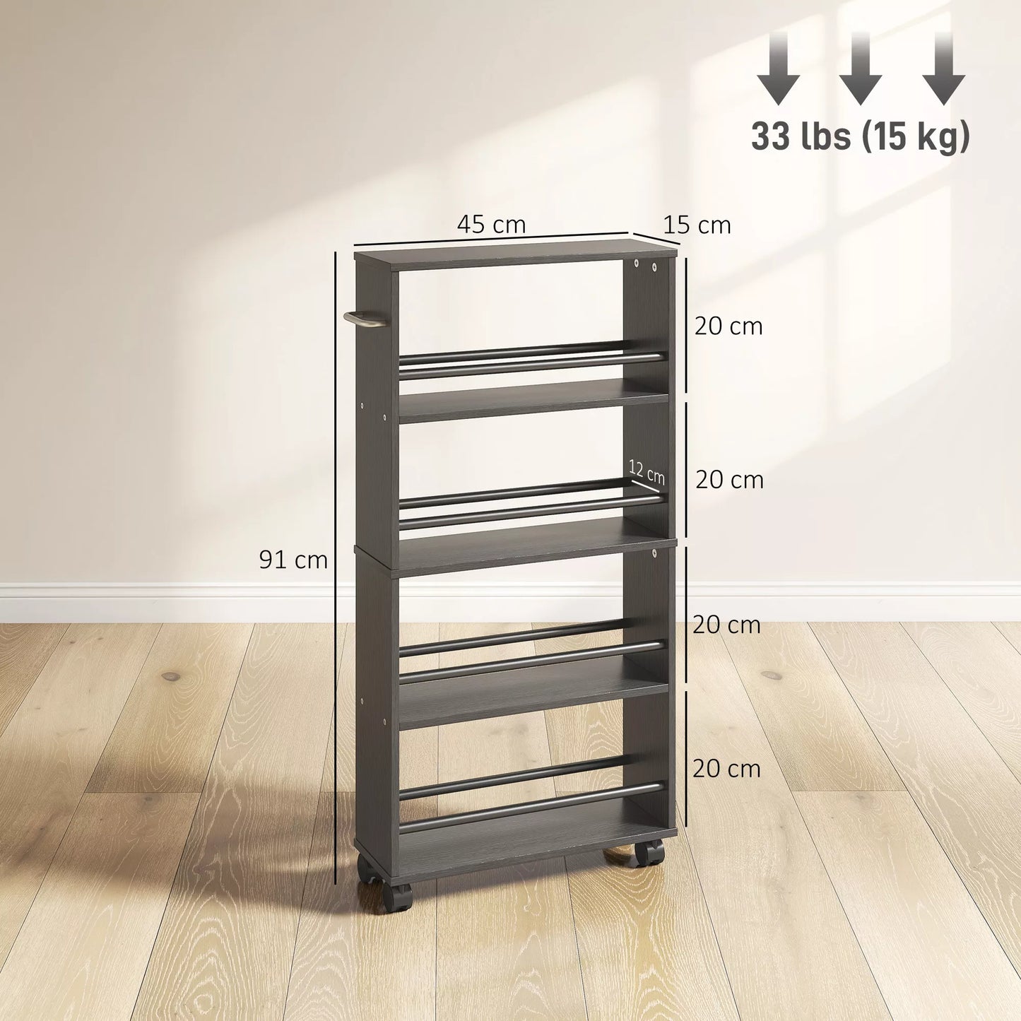 Daugiafunkcinė lentyna su ratukais, siaura konstrukcija, 4 skyriai, 45x15x91 cm, juoda