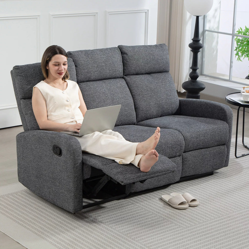 3 vietų sofa, individualiai reguliuojamos atlošos, kojų atrama, audinio apmušalas, metalas, pilka