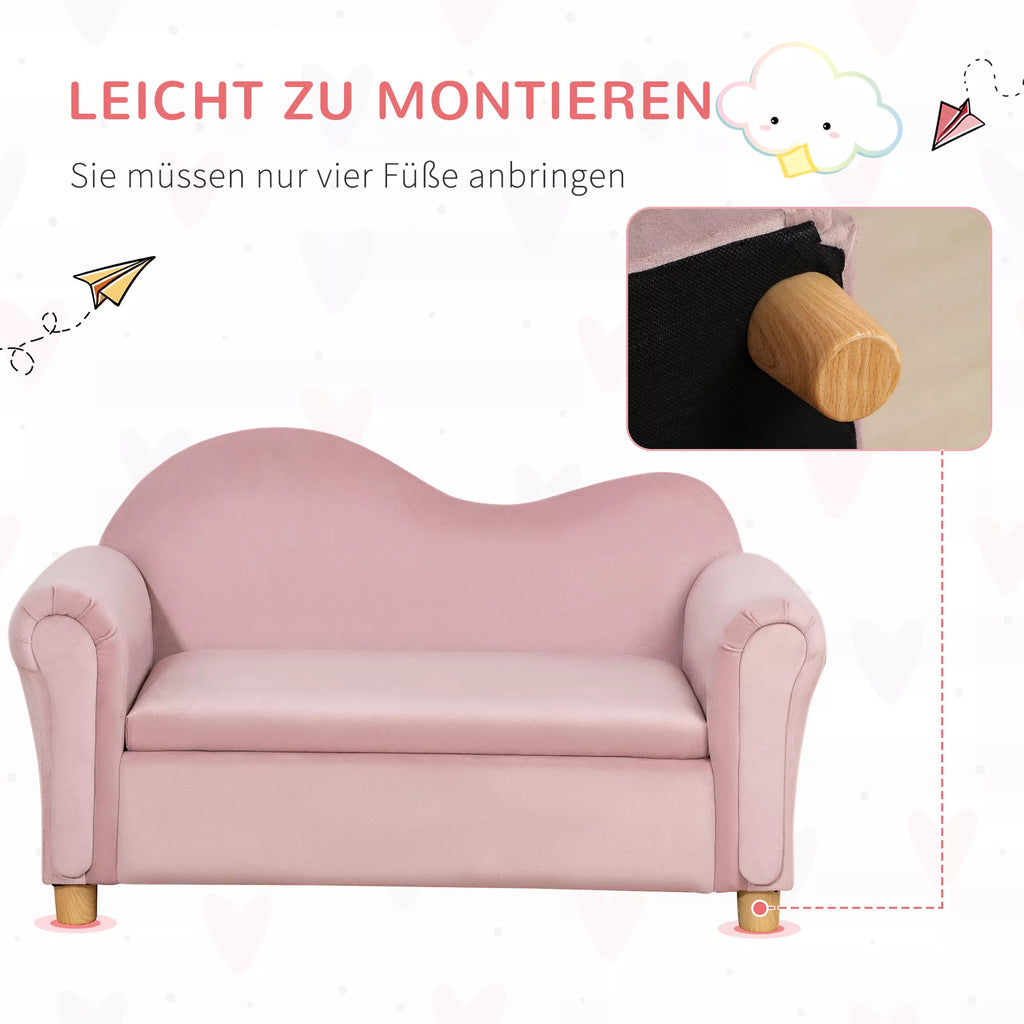 Vaikiškas sofos komplektas, dvivietė sofa vaikams nuo 3 iki 5 metų, daiktų laikymo dėžė, natūralaus medžio rėmas, 84 x 41,5 x 48,5 cm, rožinė