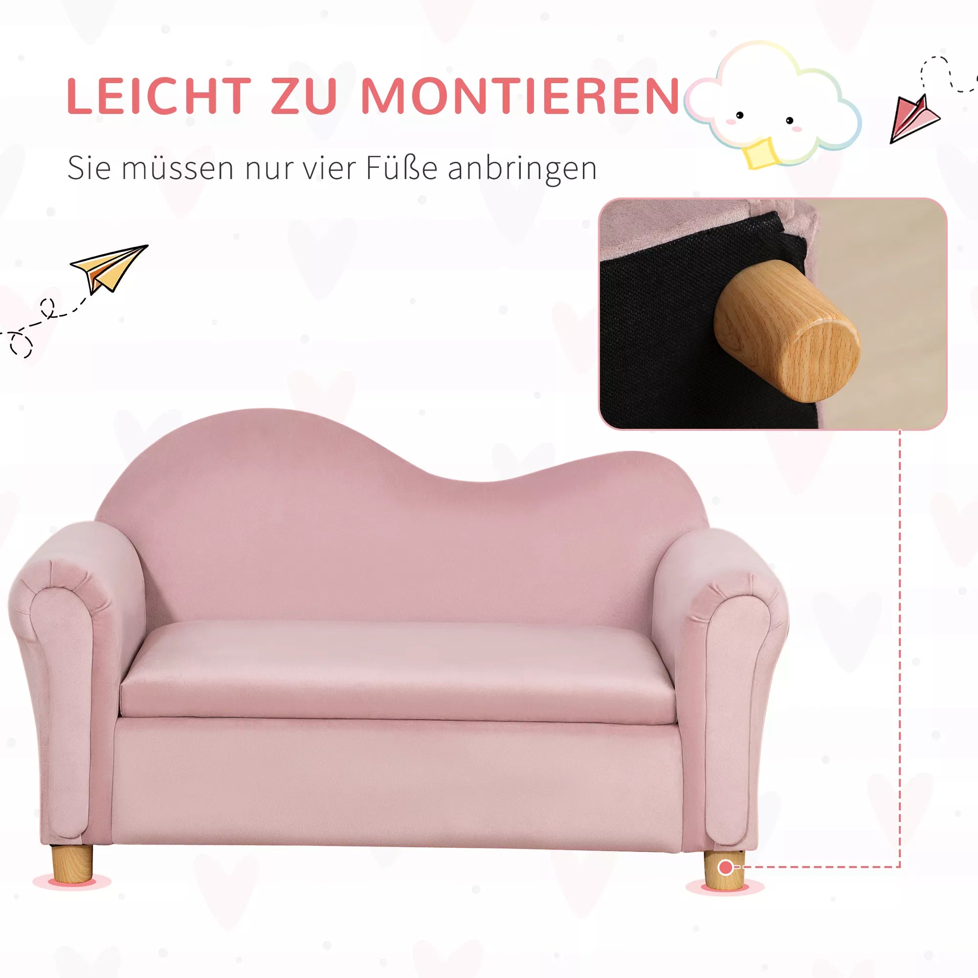 Vaikiškas sofos komplektas, dvivietė sofa vaikams nuo 3 iki 5 metų, daiktų laikymo dėžė, natūralaus medžio rėmas, 84 x 41,5 x 48,5 cm, rožinė